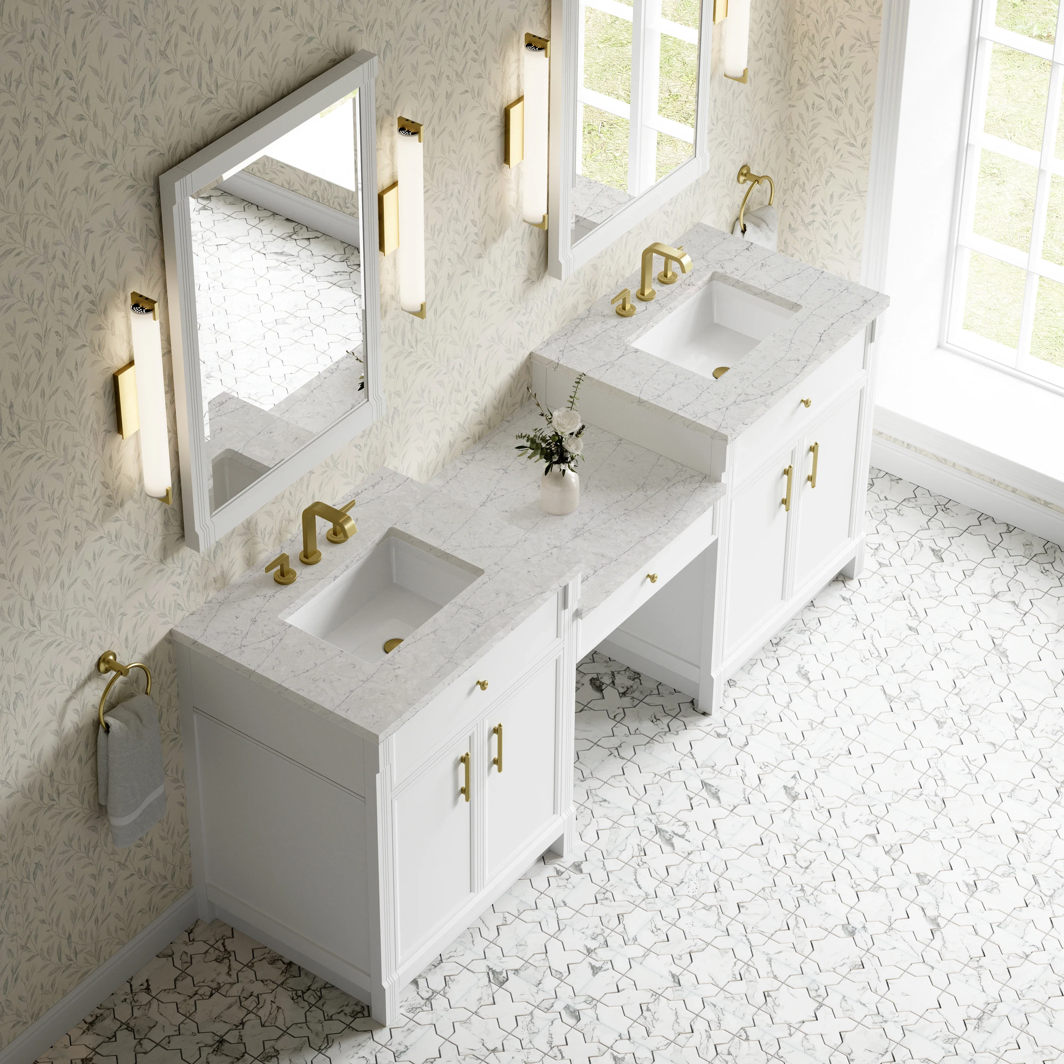 Bellshire 84" Dual Vanity Set with 24" Make-Up Counter, Bright White w/3 cm Eternal Jasmine Pearl Silestone Top