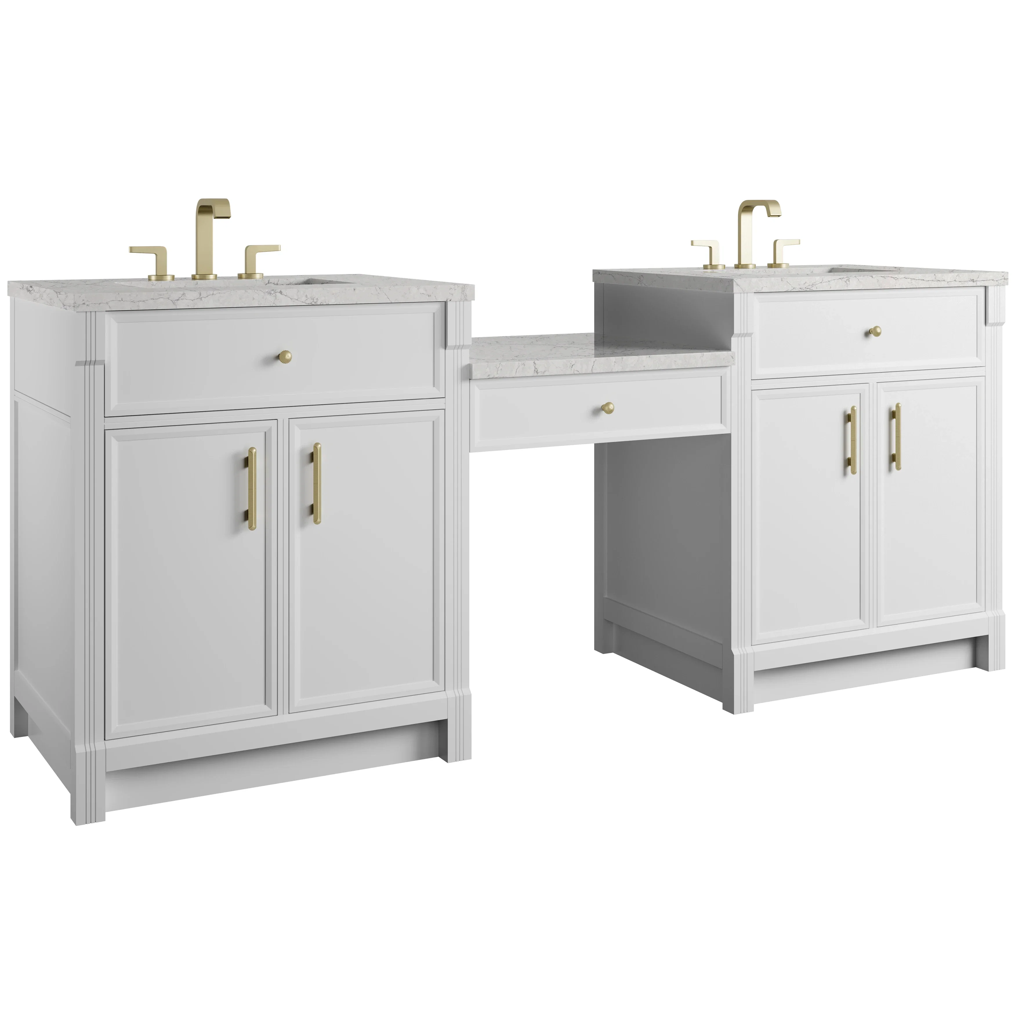 Bellshire 84" Dual Vanity Set with 24" Make-Up Counter, Bright White w/3 cm Eternal Jasmine Pearl Silestone Top