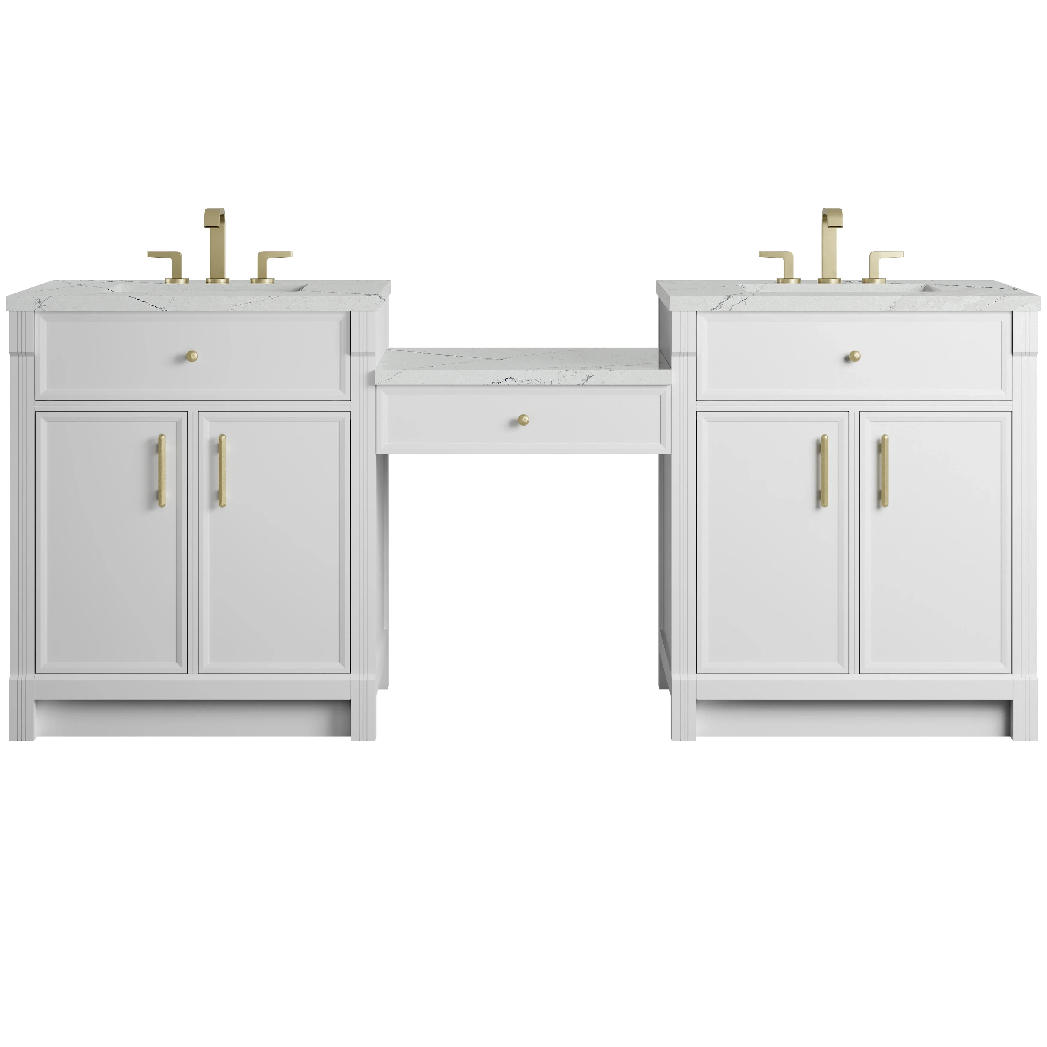 Bellshire 84" Dual Vanity Set with 24" Make-Up Counter, Bright White w/3 cm Ethereal Noctis Silestone Top