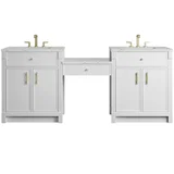 Bellshire 84" Dual Vanity Set with 24" Make-Up Counter, Bright White w/3 cm Ethereal Noctis Silestone Top