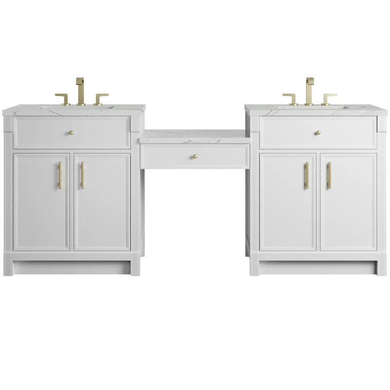 Bellshire 84" Dual Vanity Set with 24" Make-Up Counter, Bright White w/3 cm Ethereal Noctis Silestone Top