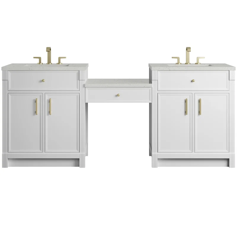 Bellshire 84" Dual Vanity Set with 24" Make-Up Counter, Bright White w/3 cm Lime Delight Silestone Top