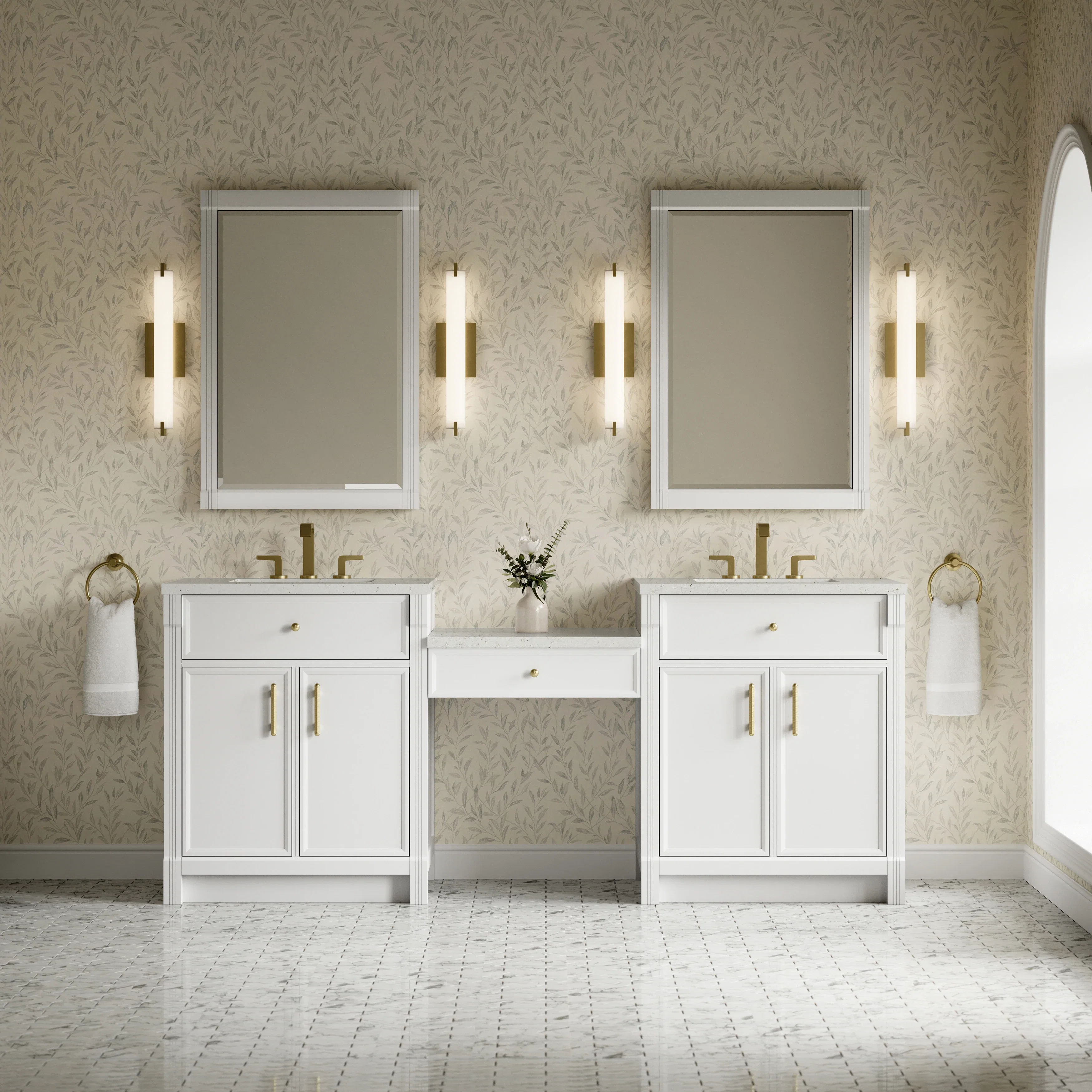Bellshire 84" Dual Vanity Set with 24" Make-Up Counter, Bright White w/3 cm Lime Delight Silestone Top