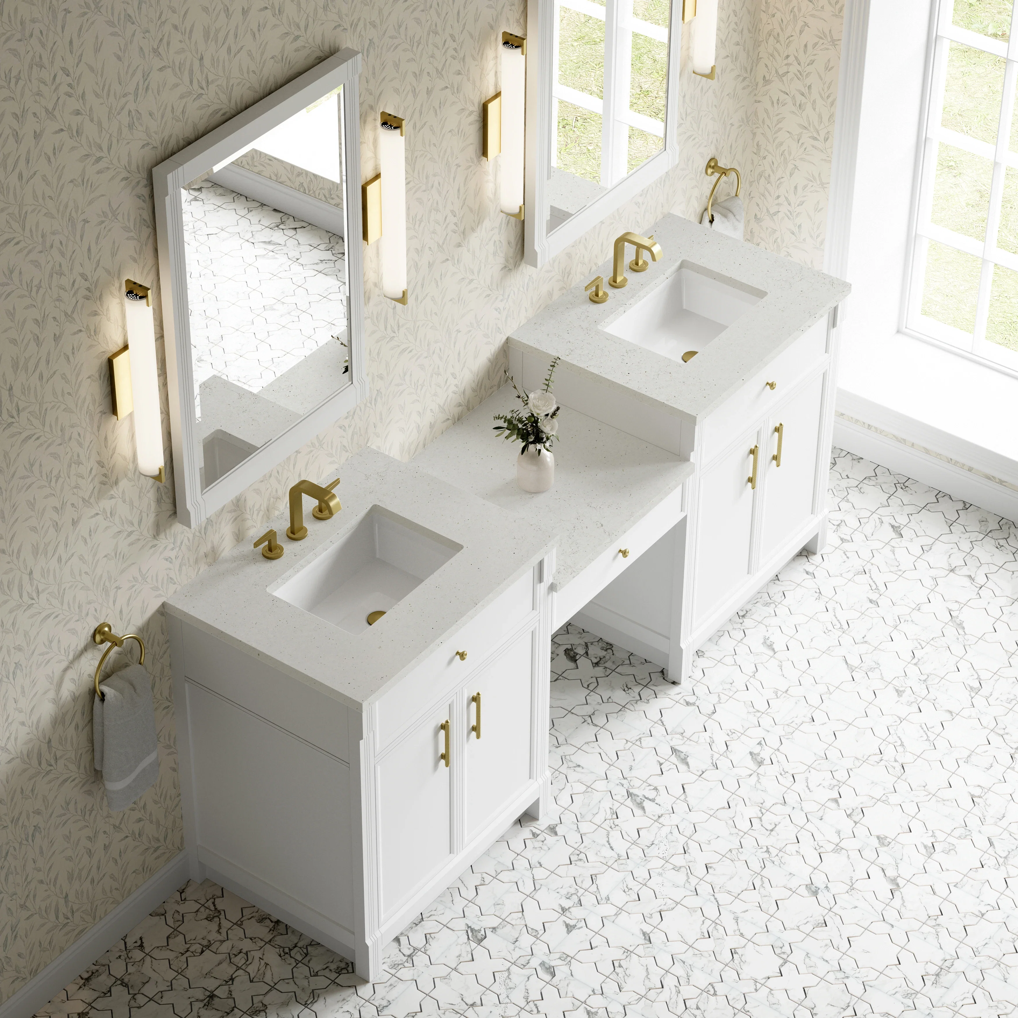 Bellshire 84" Dual Vanity Set with 24" Make-Up Counter, Bright White w/3 cm Lime Delight Silestone Top