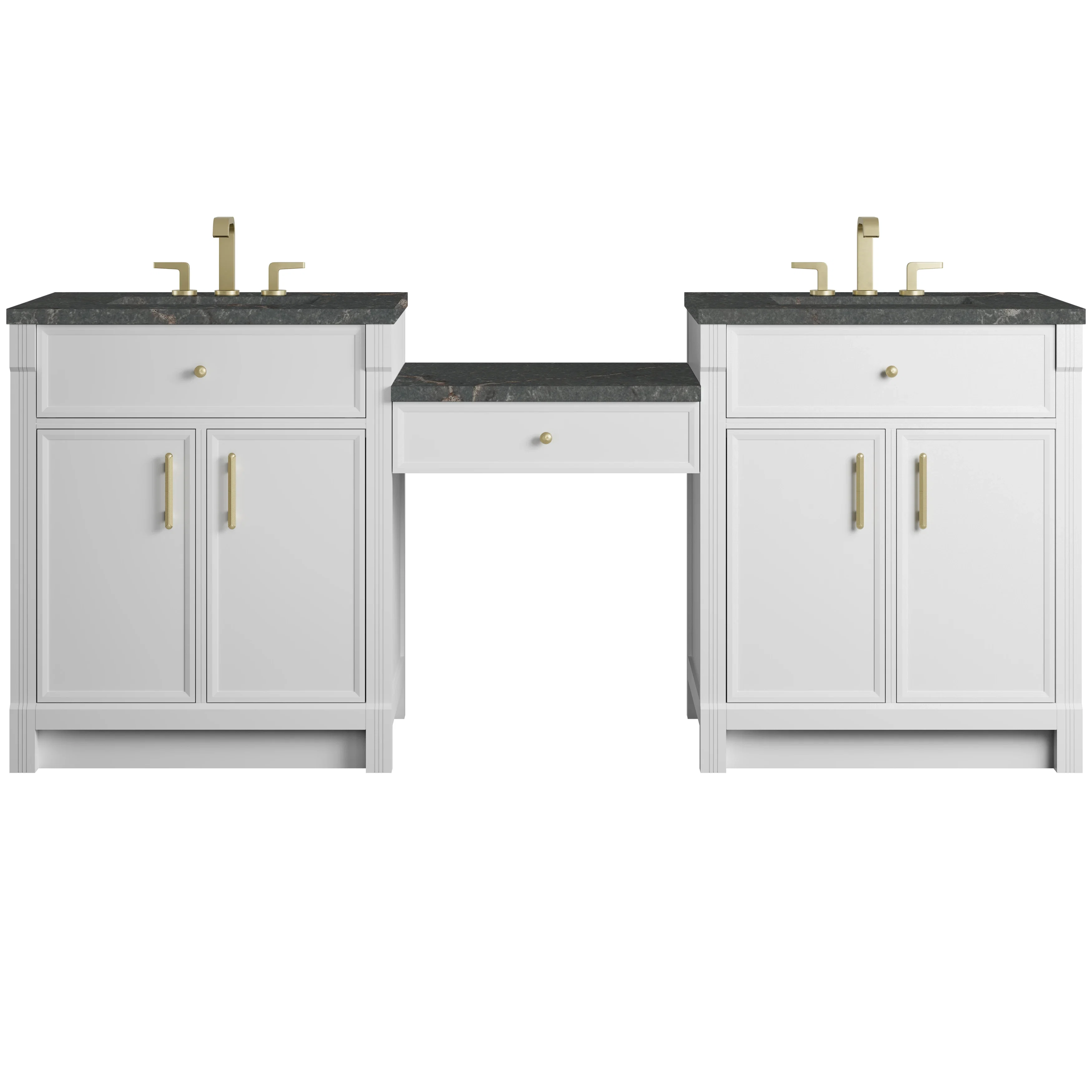 Bellshire 84" Dual Vanity Set with 24" Make-Up Counter, Bright White w/3 cm Parisien Bleu Silestone Top