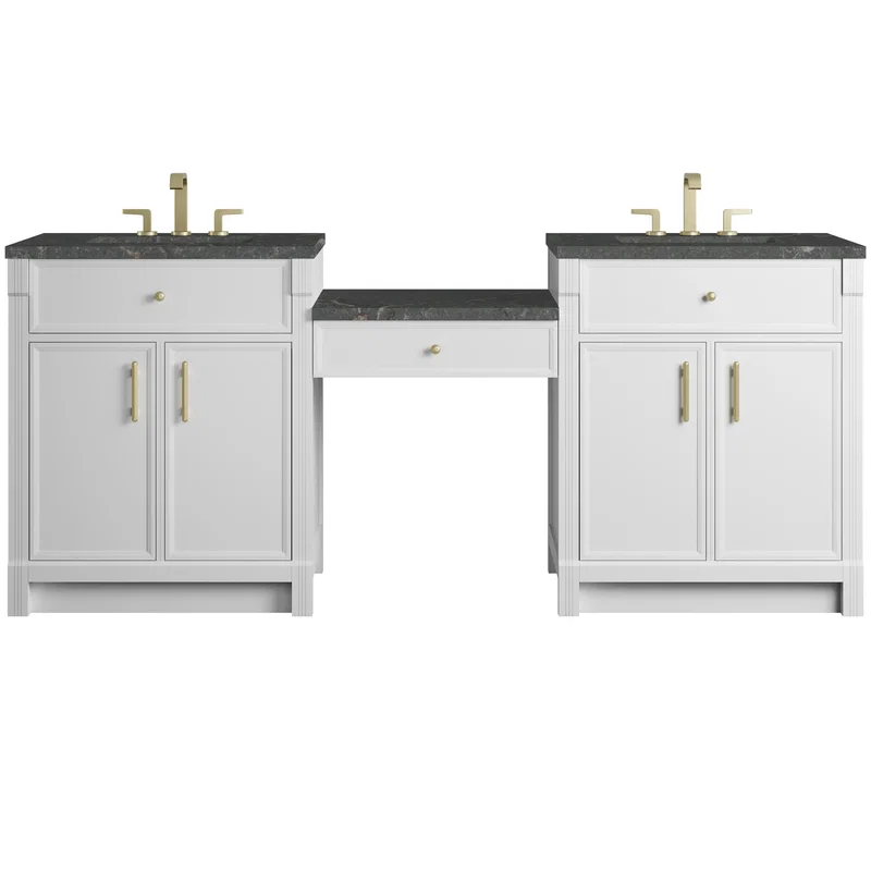 Bellshire 84" Dual Vanity Set with 24" Make-Up Counter, Bright White w/3 cm Parisien Bleu Silestone Top
