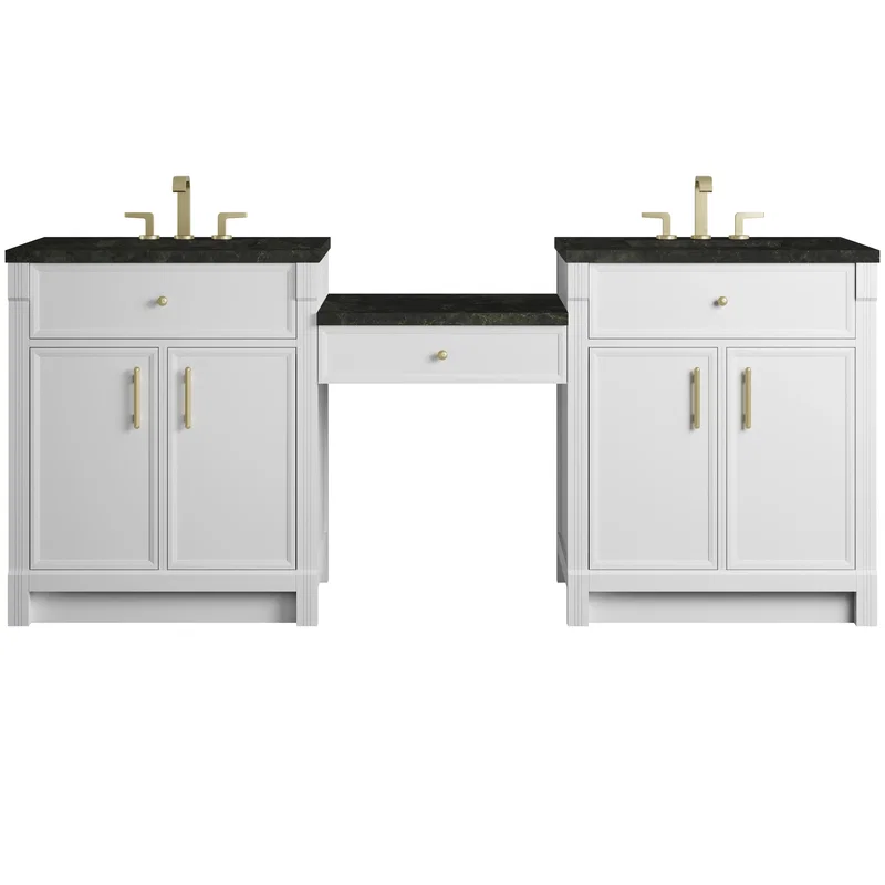 Bellshire 84" Dual Vanity Set with 24" Make-Up Counter, Bright White w/3 cm Phantome Eclos Top