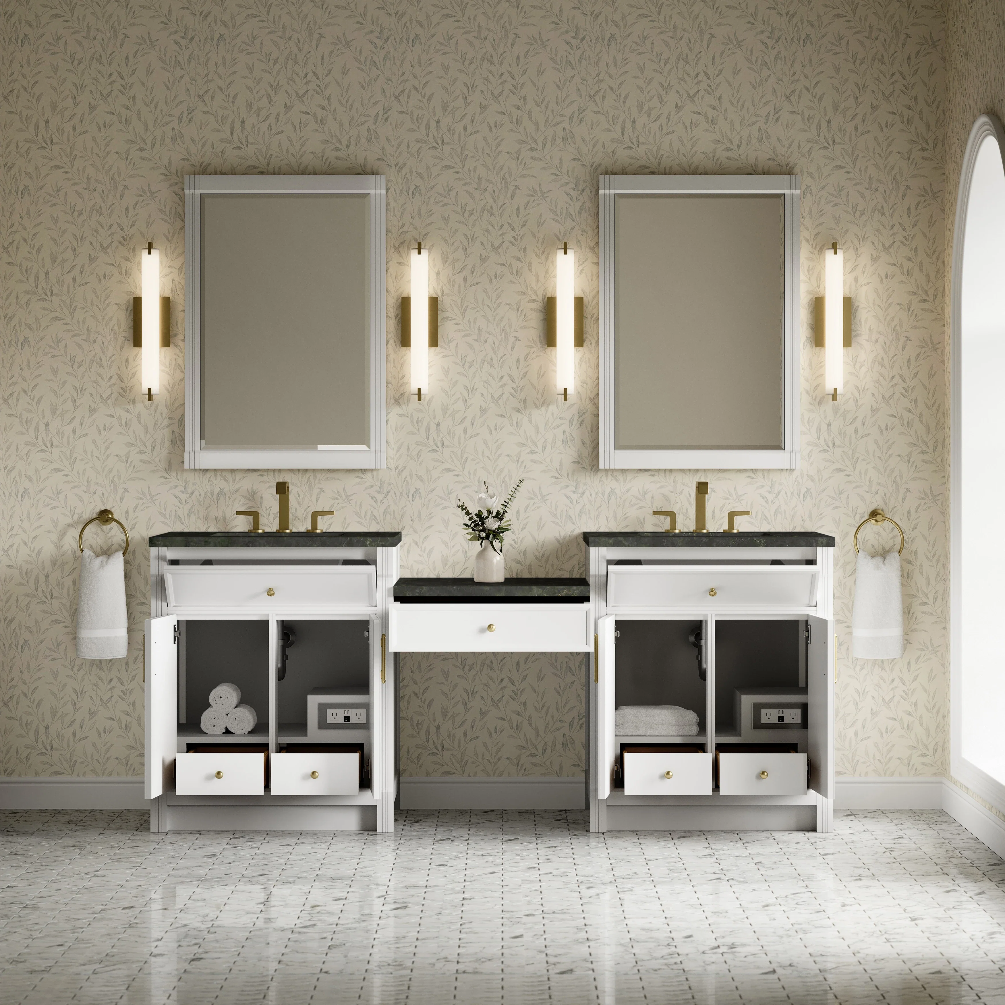 Bellshire 84" Dual Vanity Set with 24" Make-Up Counter, Bright White w/3 cm Phantome Eclos Top