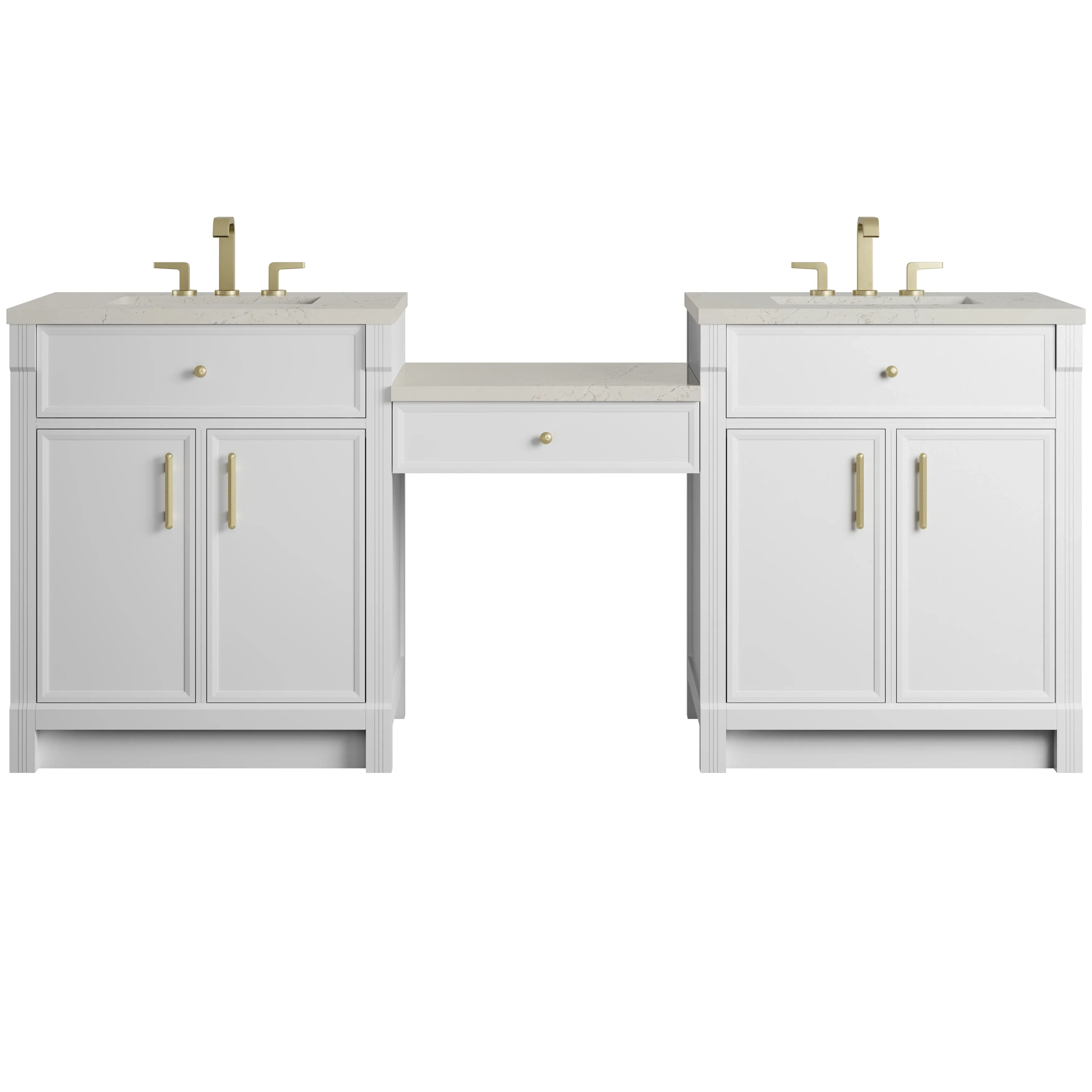 Bellshire 84" Dual Vanity Set with 24" Make-Up Counter, Bright White w/3 cm Siberian Silestone Top