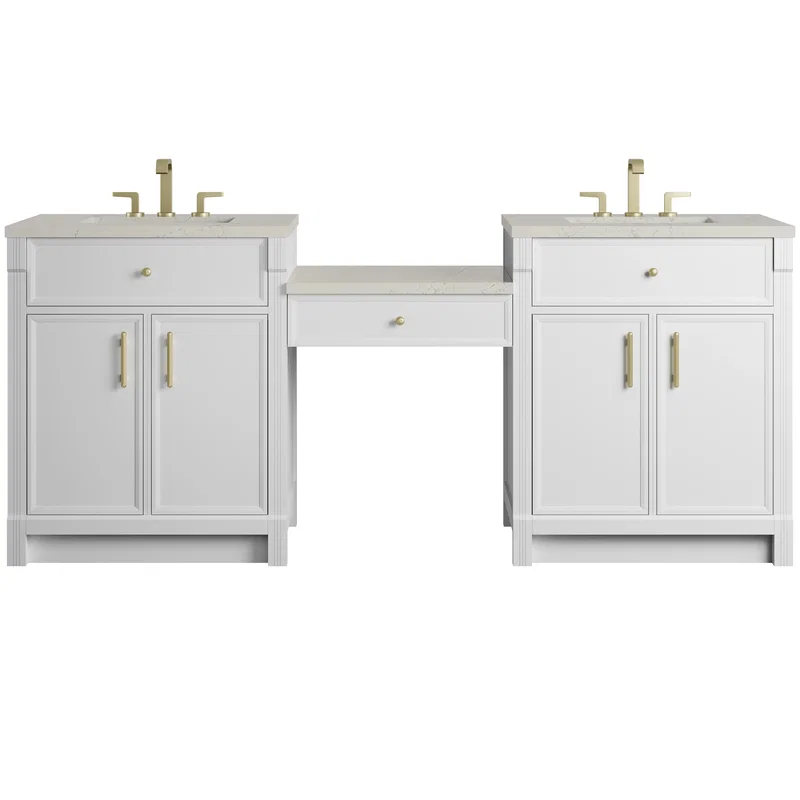 Bellshire 84" Dual Vanity Set with 24" Make-Up Counter, Bright White w/3 cm Siberian Silestone Top