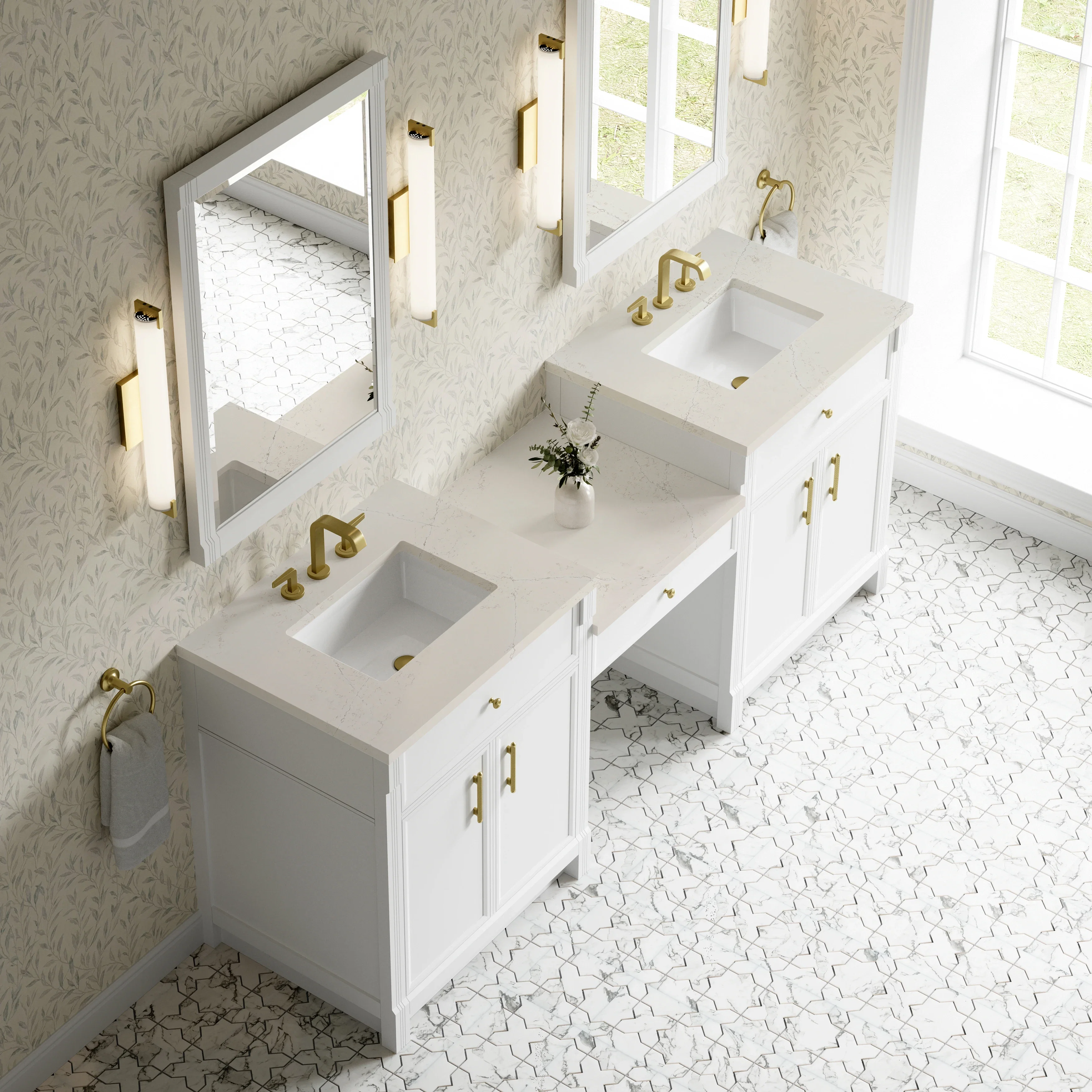 Bellshire 84" Dual Vanity Set with 24" Make-Up Counter, Bright White w/3 cm Siberian Silestone Top