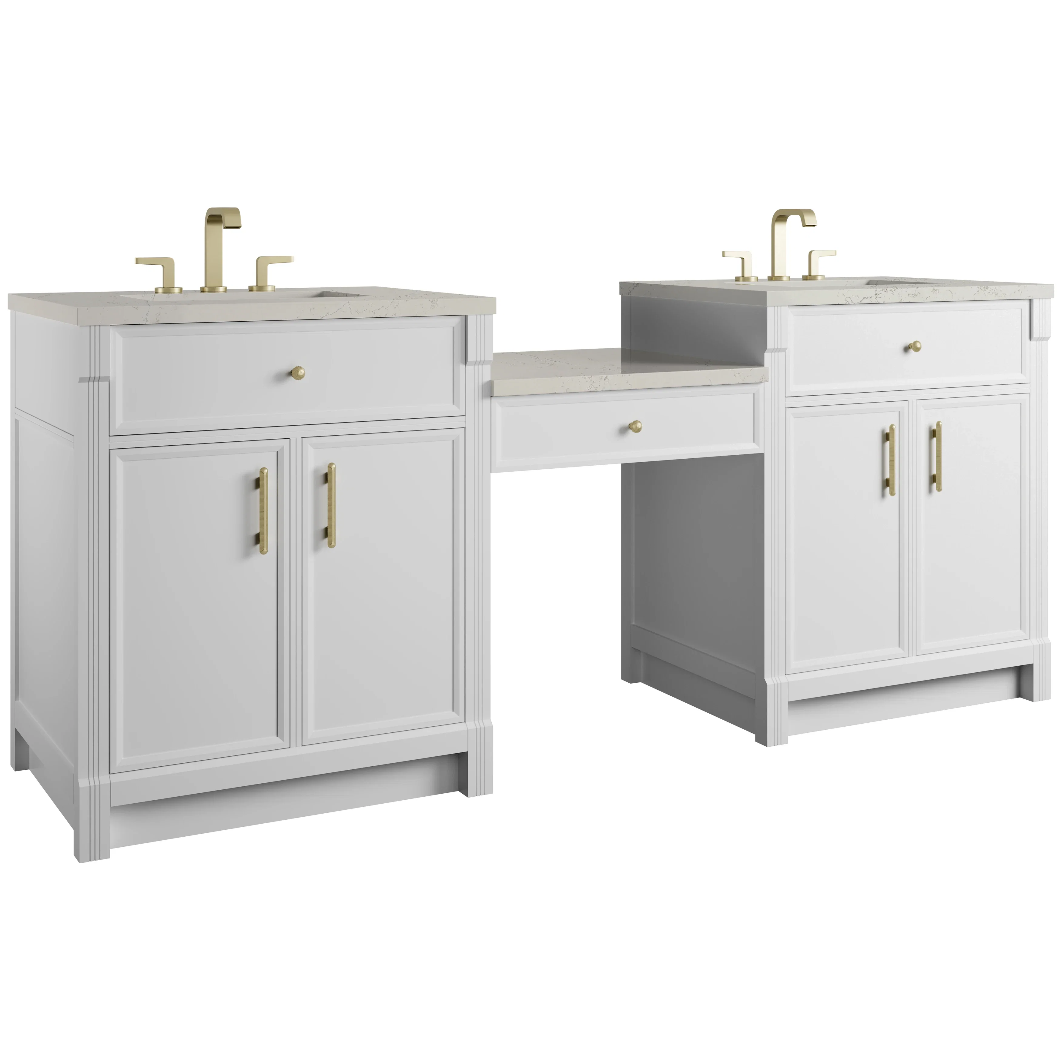 Bellshire 84" Dual Vanity Set with 24" Make-Up Counter, Bright White w/3 cm Siberian Silestone Top