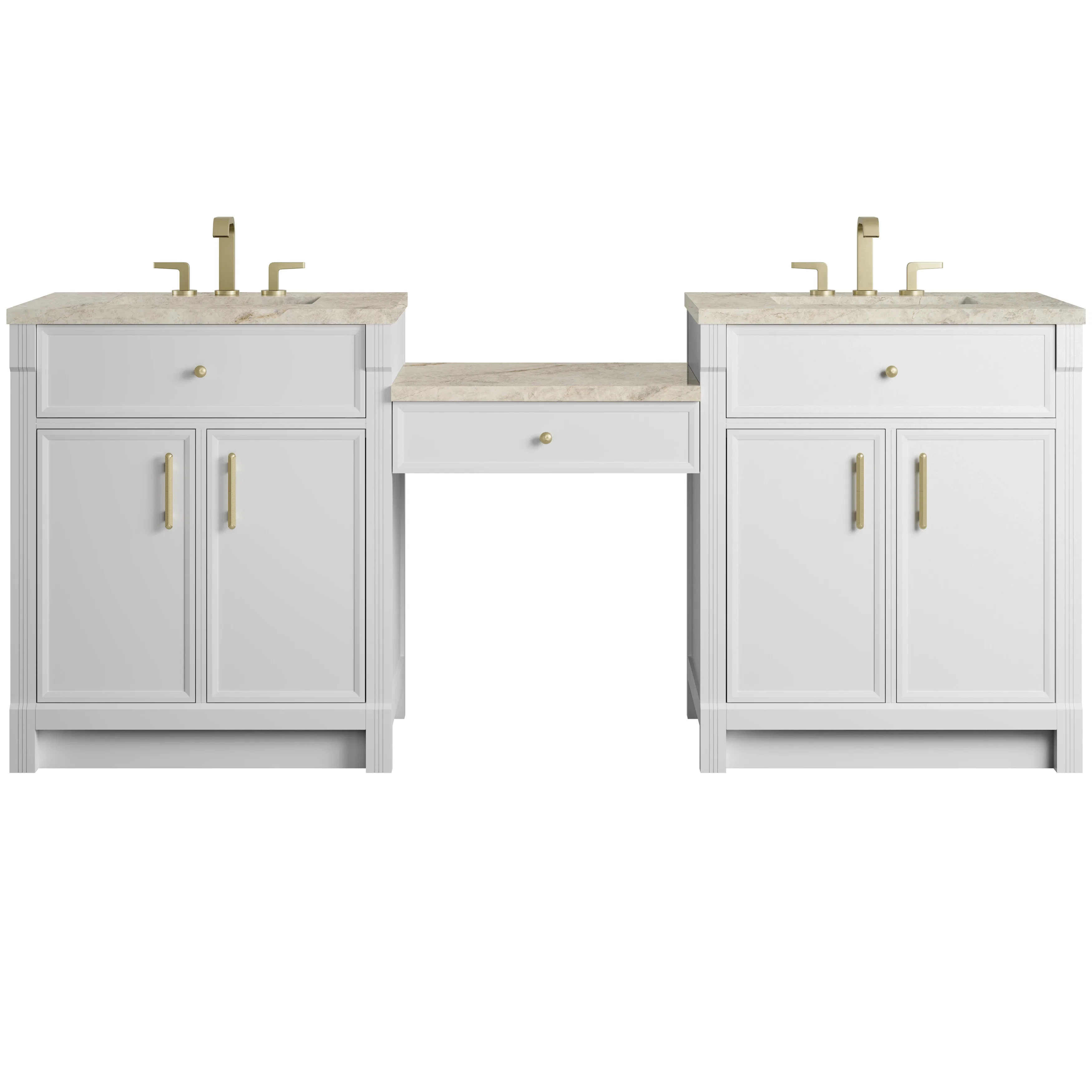 Bellshire 84" Dual Vanity Set with 24" Make-Up Counter, Bright White w/3 cm Tajnar Eclos Top
