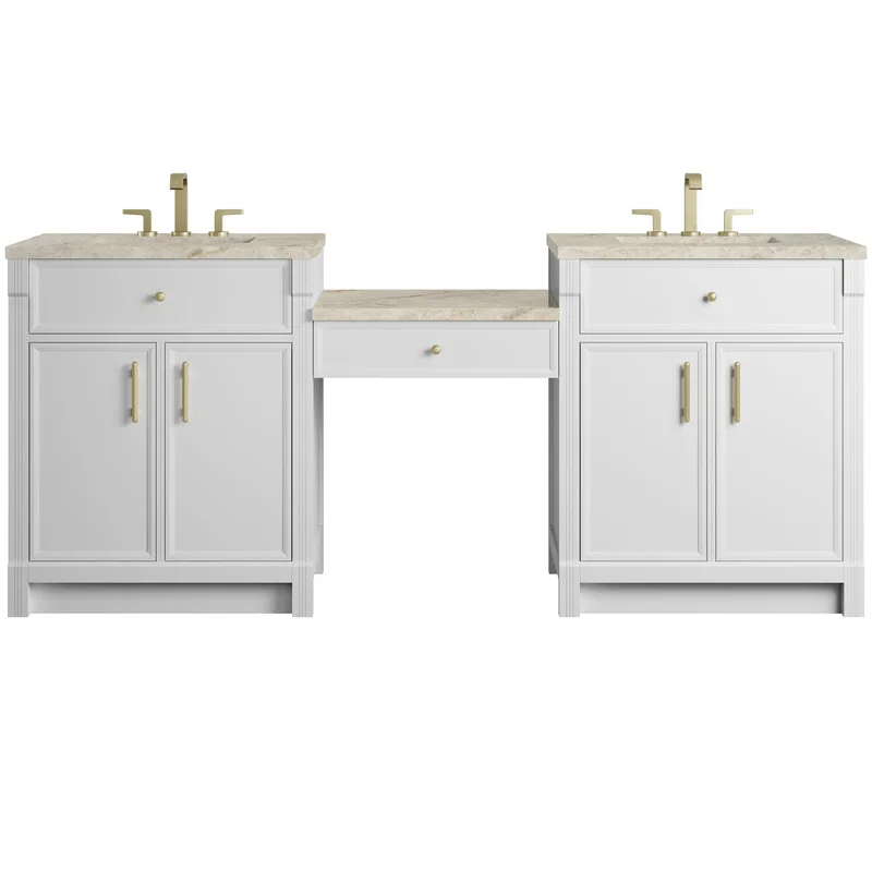 Bellshire 84" Dual Vanity Set with 24" Make-Up Counter, Bright White w/3 cm Tajnar Eclos Top