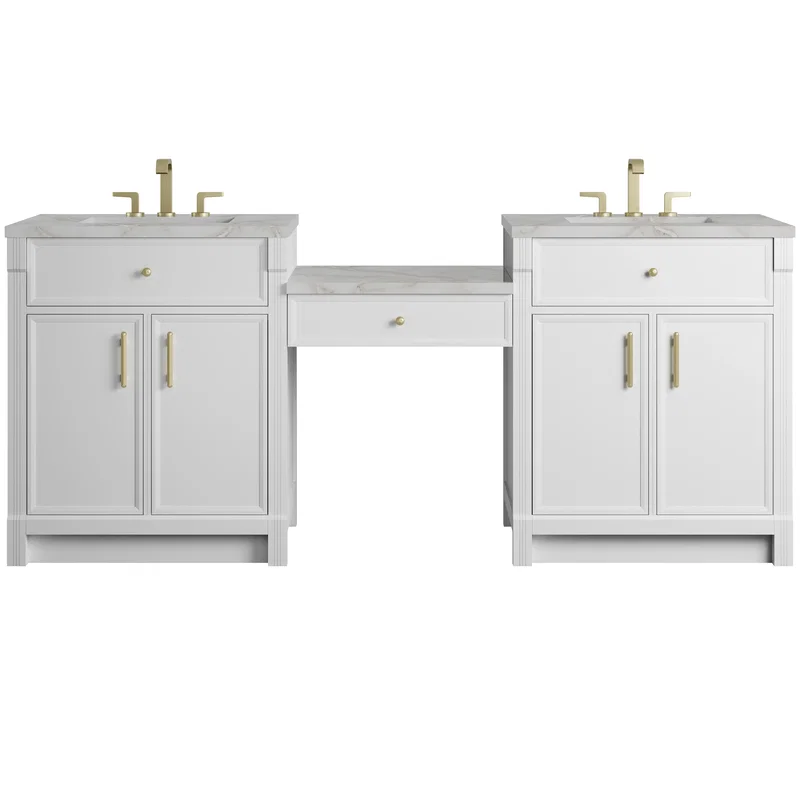 Bellshire 84" Dual Vanity Set with 24" Make-Up Counter, Bright White w/3 cm Victorian Silver Silestone Top
