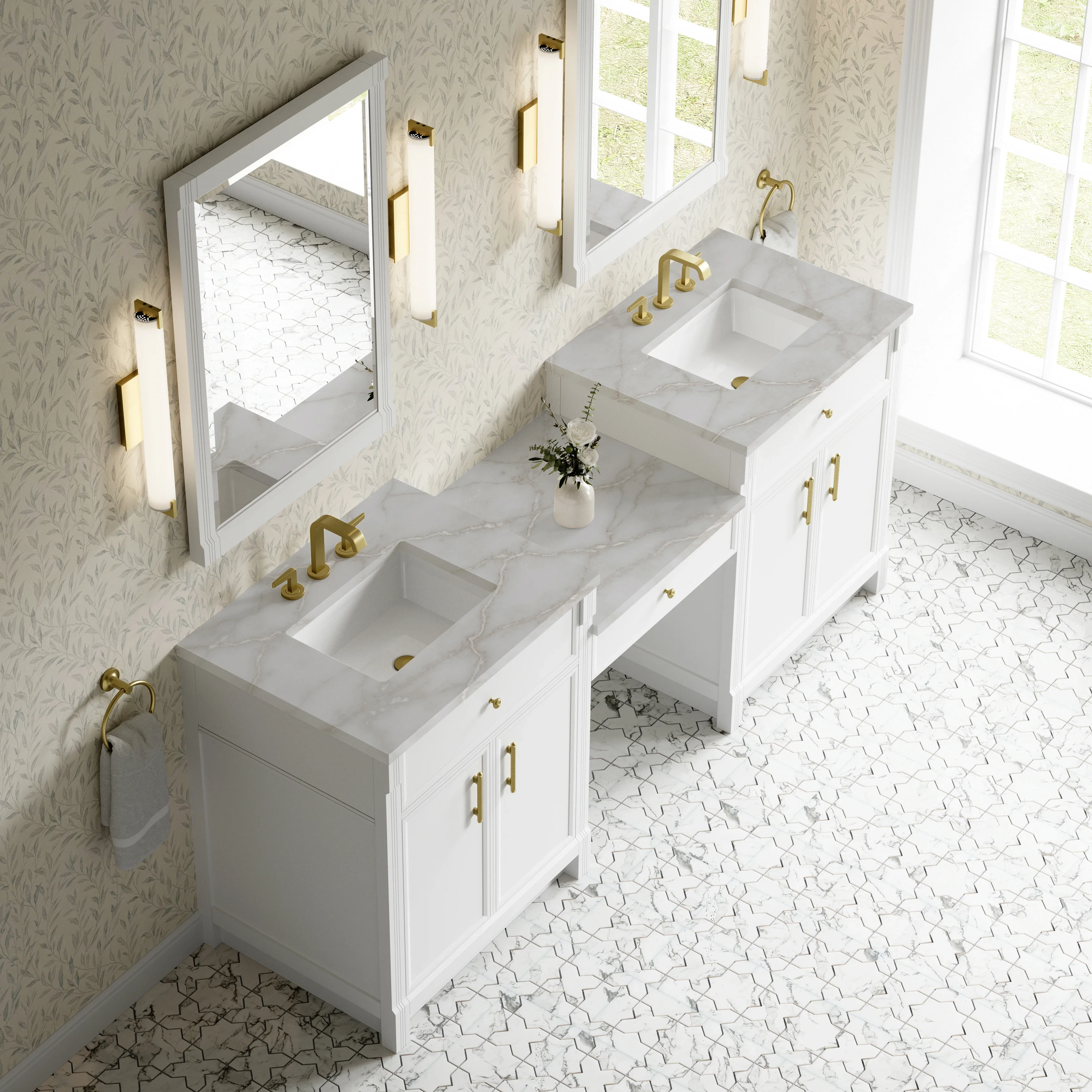 Bellshire 84" Dual Vanity Set with 24" Make-Up Counter, Bright White w/3 cm Victorian Silver Silestone Top