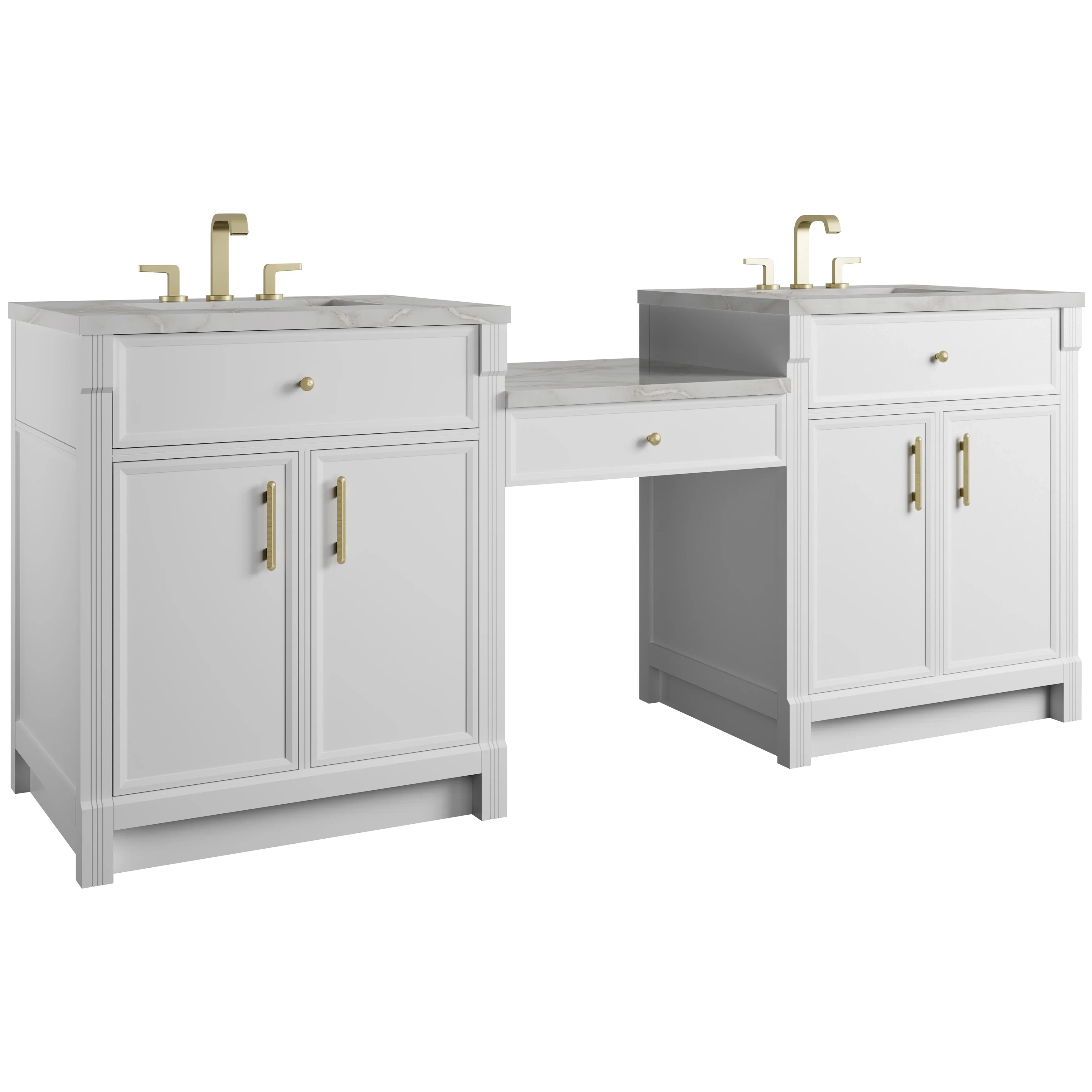 Bellshire 84" Dual Vanity Set with 24" Make-Up Counter, Bright White w/3 cm Victorian Silver Silestone Top