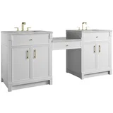 Bellshire 84" Dual Vanity Set with 24" Make-Up Counter, Bright White w/3 cm Victorian Silver Silestone Top