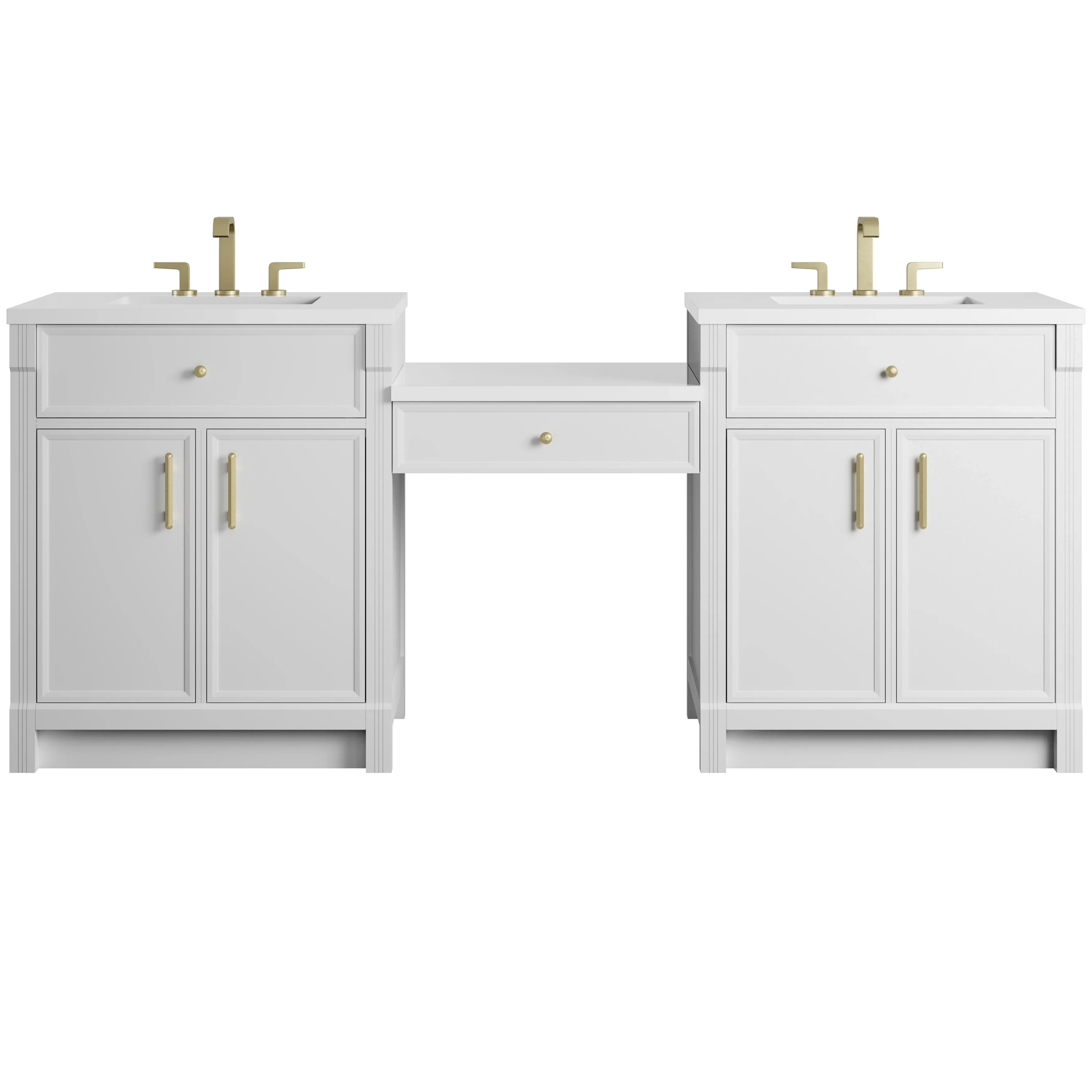 Bellshire 84" Dual Vanity Set with 24" Make-Up Counter, Bright White w/3 cm White Zeus Silestone Top