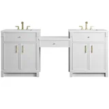 Bellshire 84" Dual Vanity Set with 24" Make-Up Counter, Bright White w/3 cm White Zeus Silestone Top