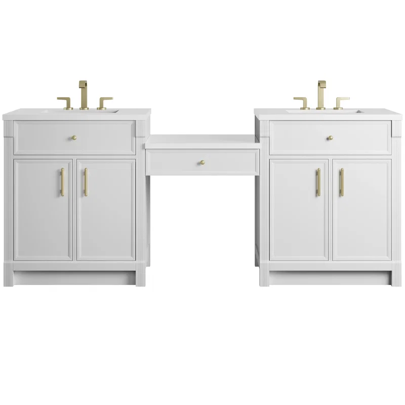 Bellshire 84" Dual Vanity Set with 24" Make-Up Counter, Bright White w/3 cm White Zeus Silestone Top