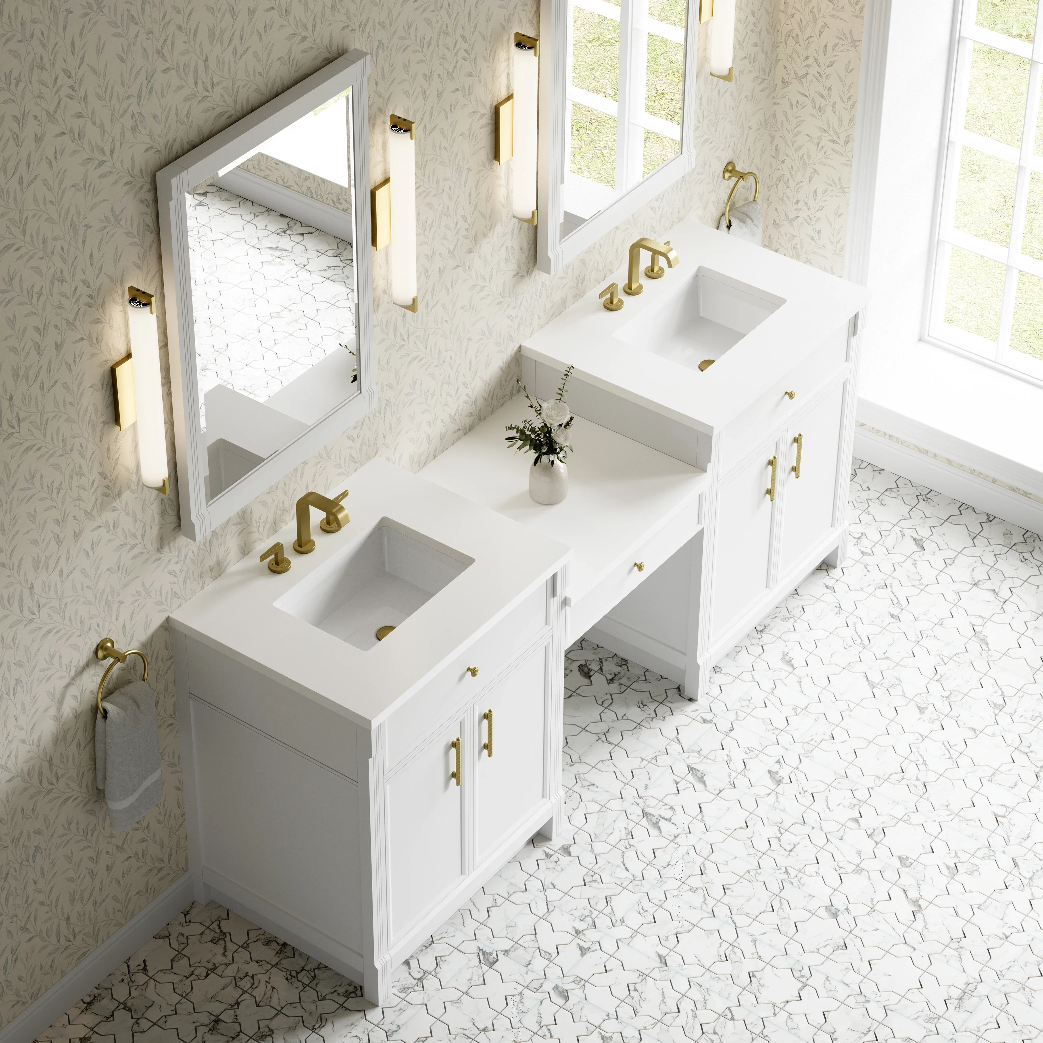 Bellshire 84" Dual Vanity Set with 24" Make-Up Counter, Bright White w/3 cm White Zeus Silestone Top
