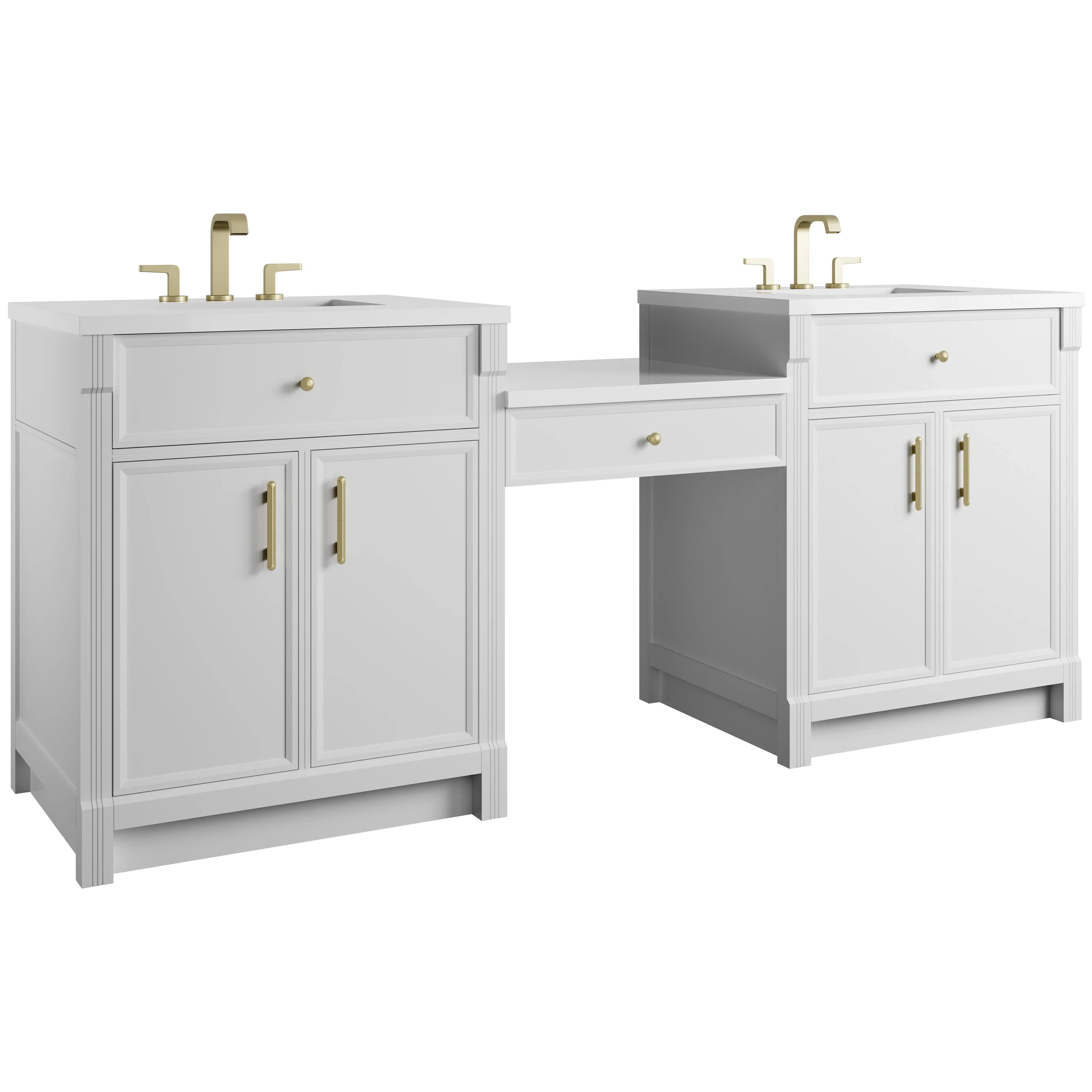 Bellshire 84" Dual Vanity Set with 24" Make-Up Counter, Bright White w/3 cm White Zeus Silestone Top