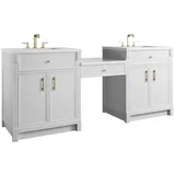 Bellshire 84" Dual Vanity Set with 24" Make-Up Counter, Bright White w/3 cm White Zeus Silestone Top