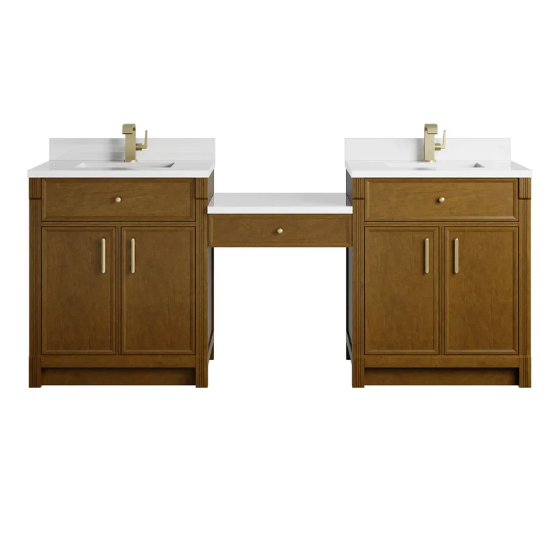 Bellshire 84" Dual Vanity Set with 24" Make-Up Counter, Honey Oak w/Single Hole 3 cm White Zeus Silestone Top & Backsplash