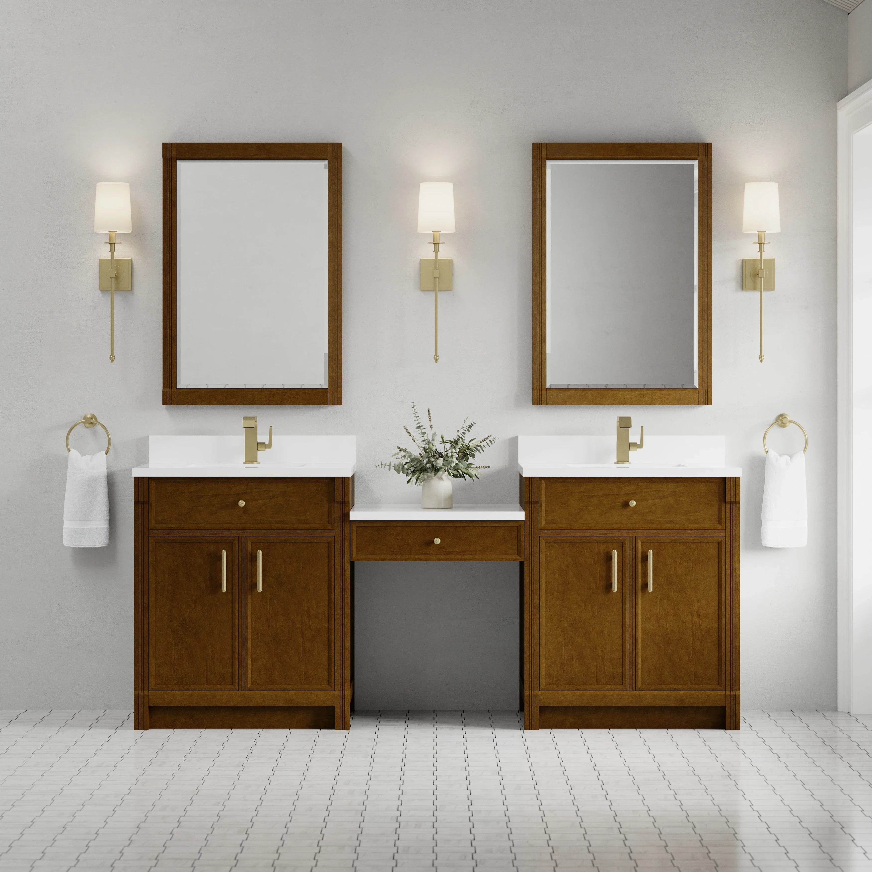 Bellshire 84" Dual Vanity Set with 24" Make-Up Counter, Honey Oak w/Single Hole 3 cm White Zeus Silestone Top & Backsplash