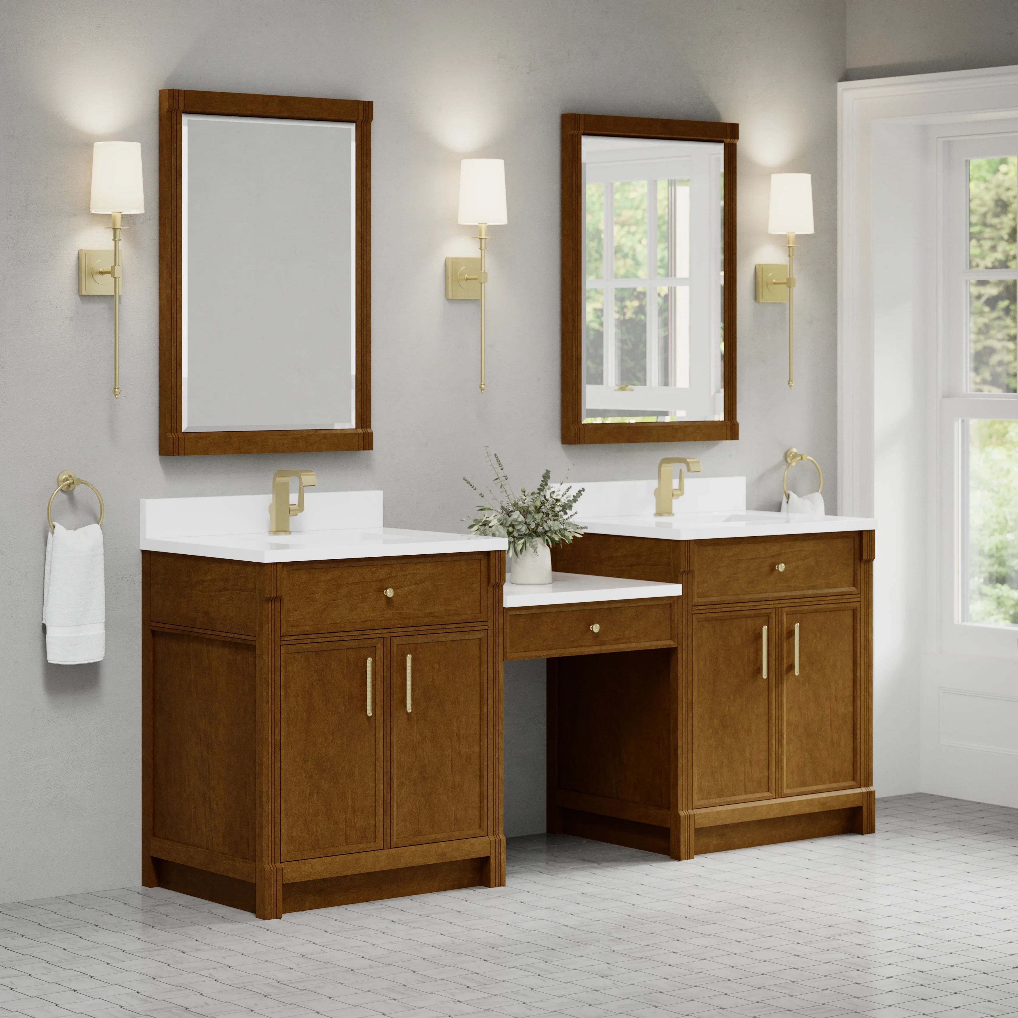 Bellshire 84" Dual Vanity Set with 24" Make-Up Counter, Honey Oak w/Single Hole 3 cm White Zeus Silestone Top & Backsplash