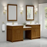 Bellshire 84" Dual Vanity Set with 24" Make-Up Counter, Honey Oak w/Single Hole 3 cm White Zeus Silestone Top & Backsplash