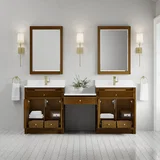 Bellshire 84" Dual Vanity Set with 24" Make-Up Counter, Honey Oak w/Single Hole 3 cm White Zeus Silestone Top & Backsplash