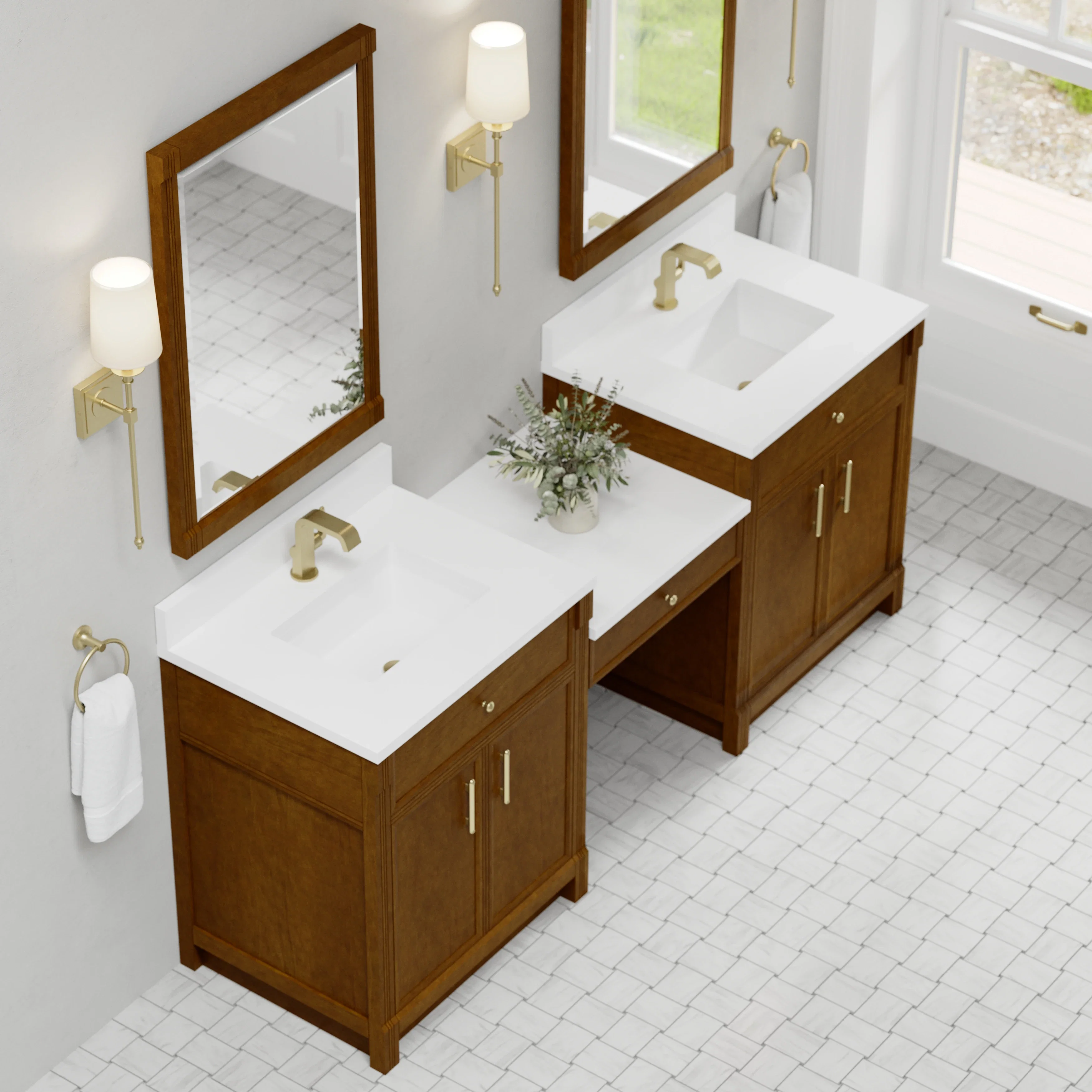 Bellshire 84" Dual Vanity Set with 24" Make-Up Counter, Honey Oak w/Single Hole 3 cm White Zeus Silestone Top & Backsplash