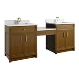 Bellshire 84" Dual Vanity Set with 24" Make-Up Counter, Honey Oak w/Single Hole 3 cm White Zeus Silestone Top & Backsplash