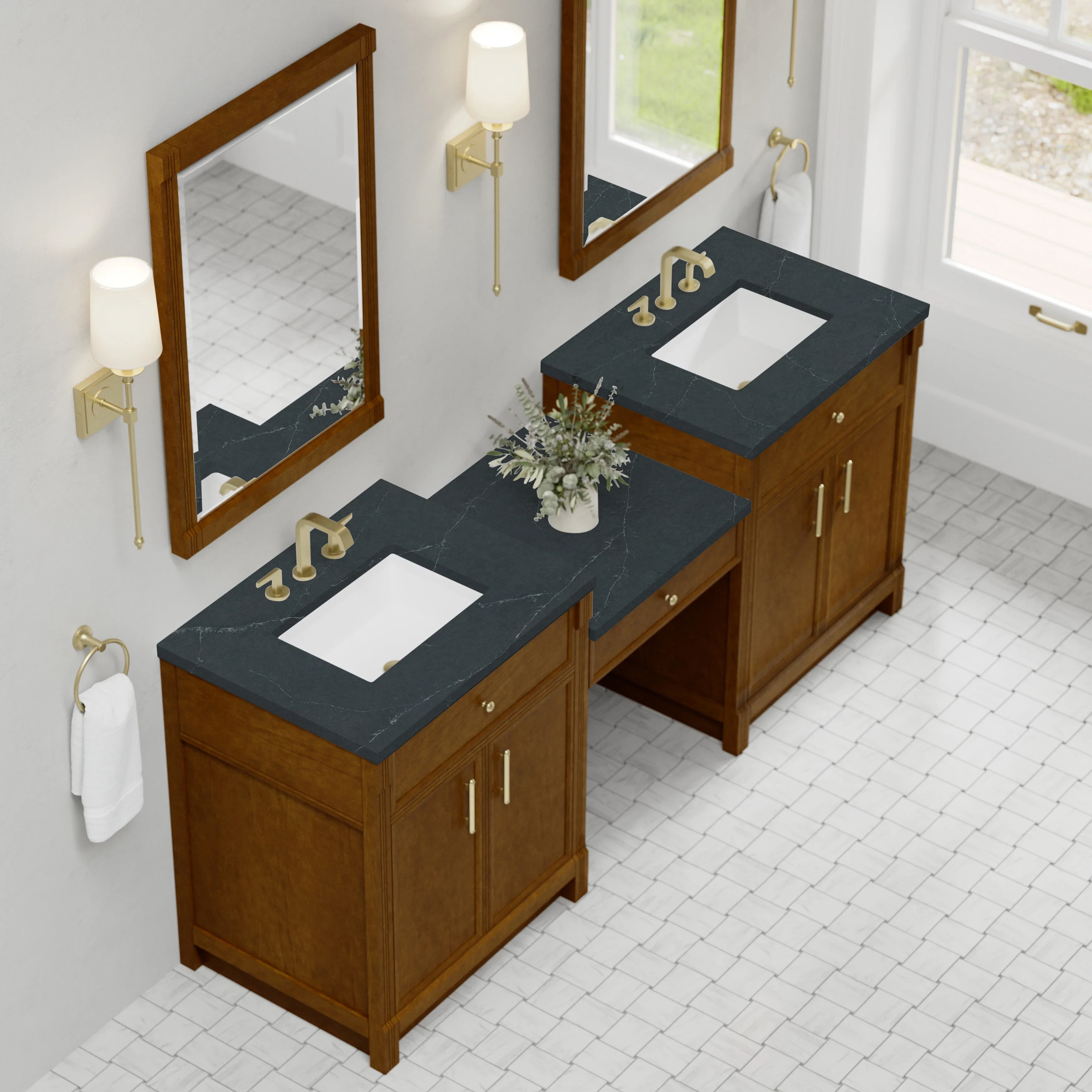 Bellshire 84" Dual Vanity Set with 24" Make-Up Counter, Honey Oak w/3 cm Charcoal Soapstone Silestone Top