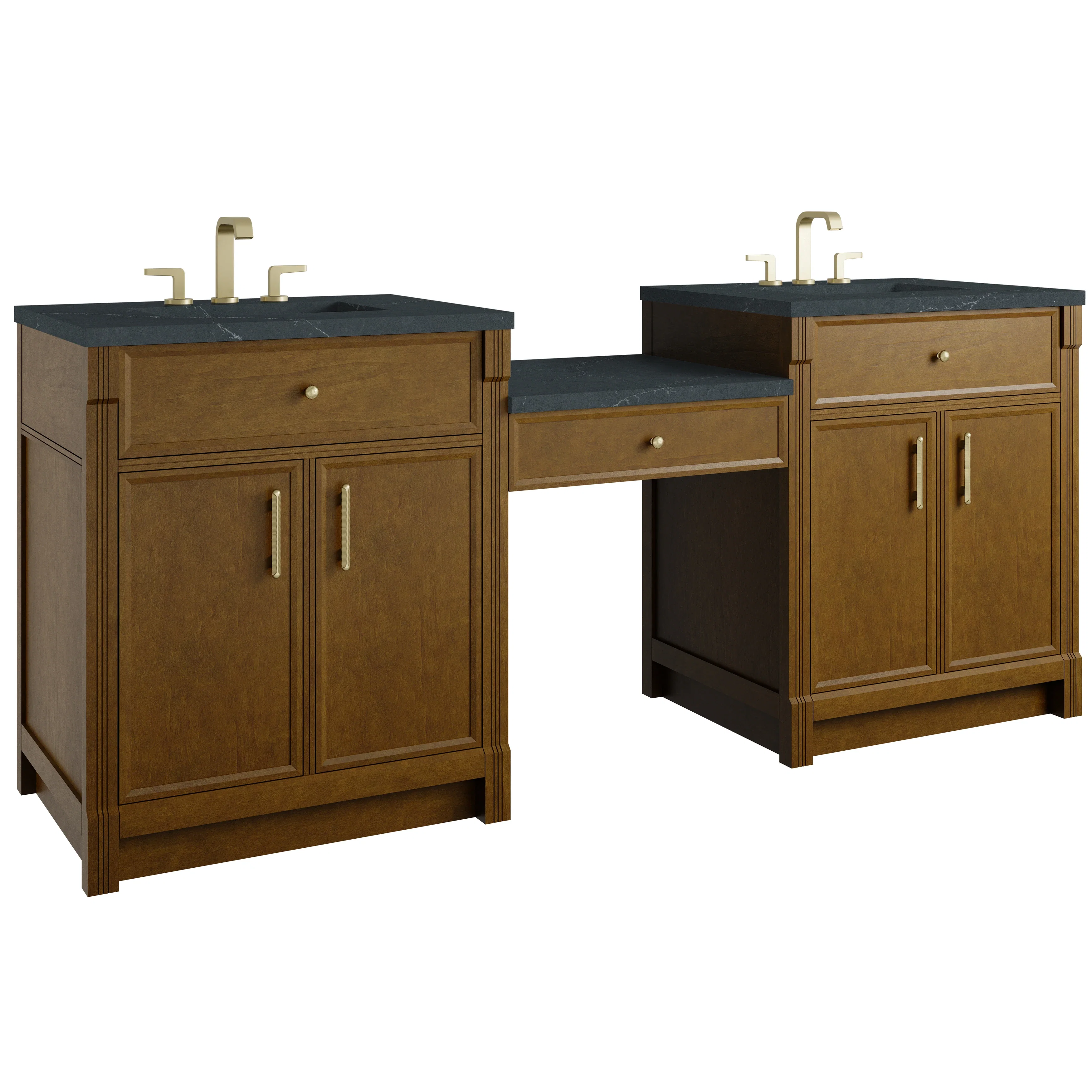 Bellshire 84" Dual Vanity Set with 24" Make-Up Counter, Honey Oak w/3 cm Charcoal Soapstone Silestone Top