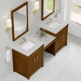 Bellshire 84" Dual Vanity Set with 24" Make-Up Counter, Honey Oak w/3 cm Eternal Jasmine Pearl Silestone Top