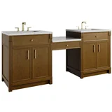 Bellshire 84" Dual Vanity Set with 24" Make-Up Counter, Honey Oak w/3 cm Eternal Jasmine Pearl Silestone Top