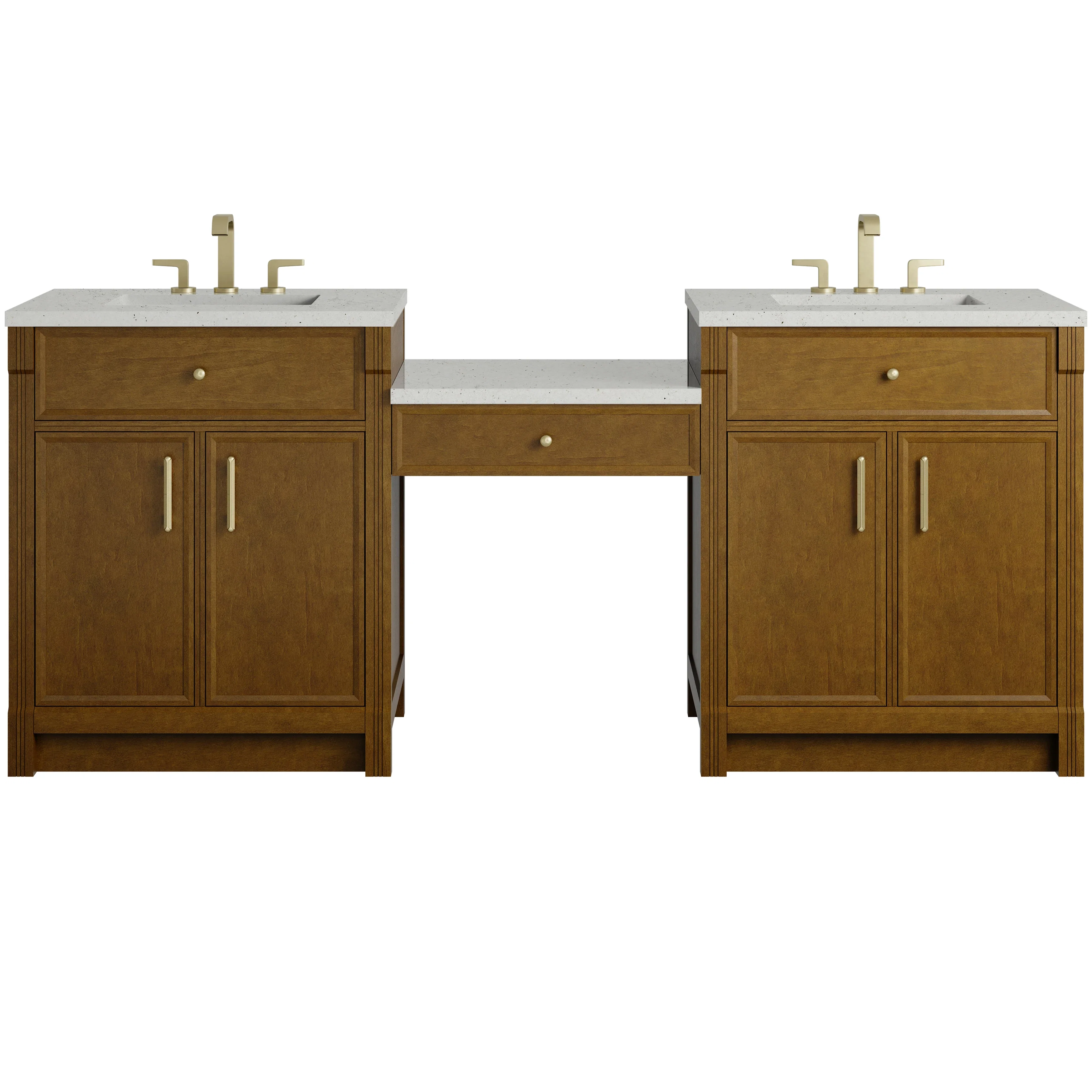 Bellshire 84" Dual Vanity Set with 24" Make-Up Counter, Honey Oak w/3 cm Lime Delight Silestone Top