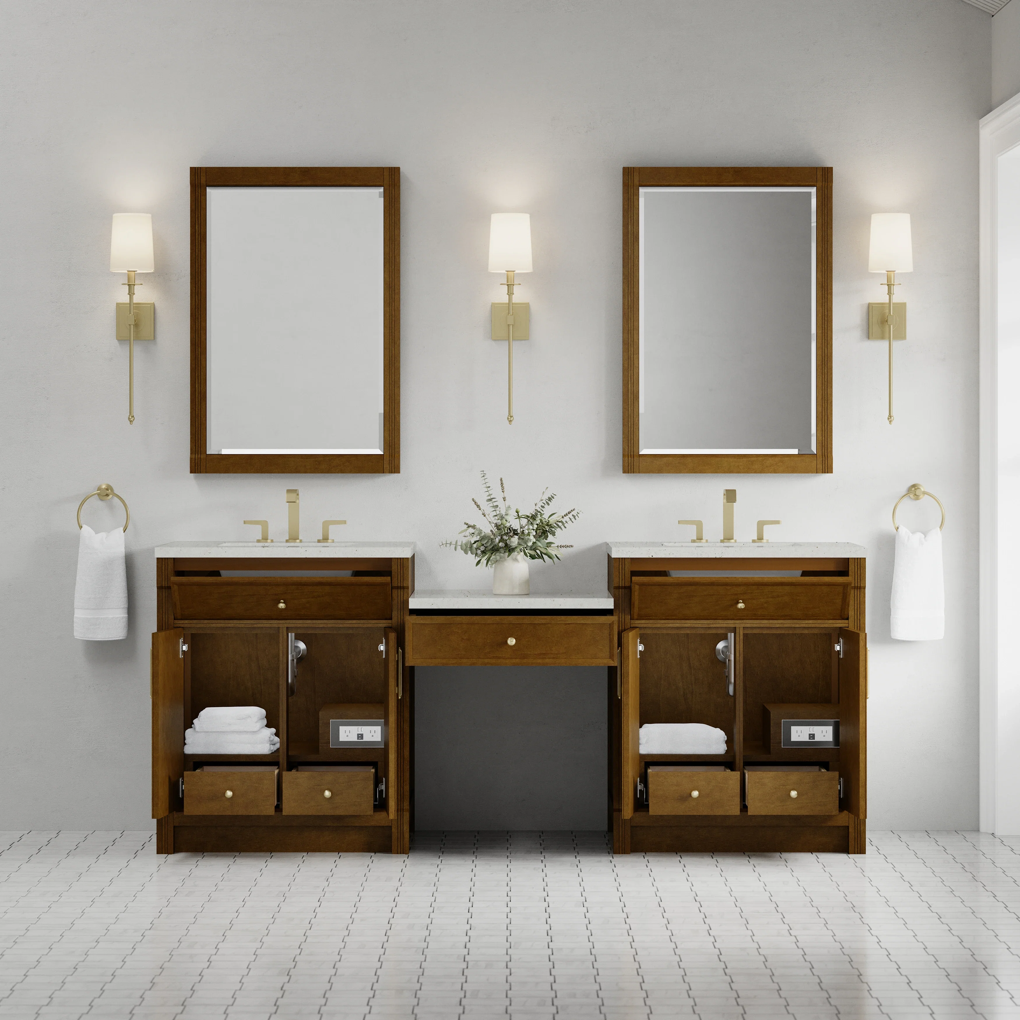 Bellshire 84" Dual Vanity Set with 24" Make-Up Counter, Honey Oak w/3 cm Lime Delight Silestone Top