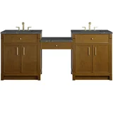 Bellshire 84" Dual Vanity Set with 24" Make-Up Counter, Honey Oak w/3 cm Parisien Bleu Silestone Top