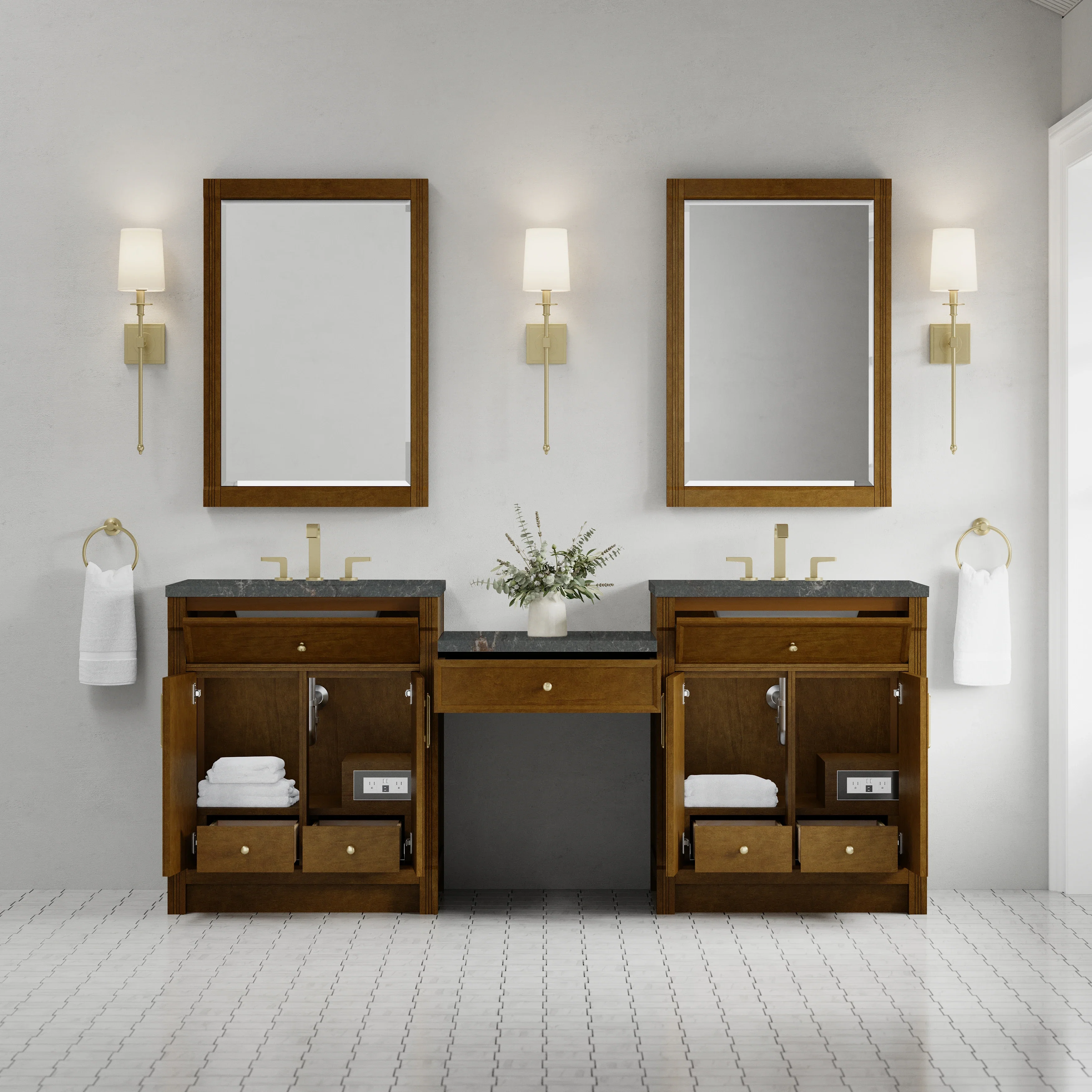 Bellshire 84" Dual Vanity Set with 24" Make-Up Counter, Honey Oak w/3 cm Parisien Bleu Silestone Top