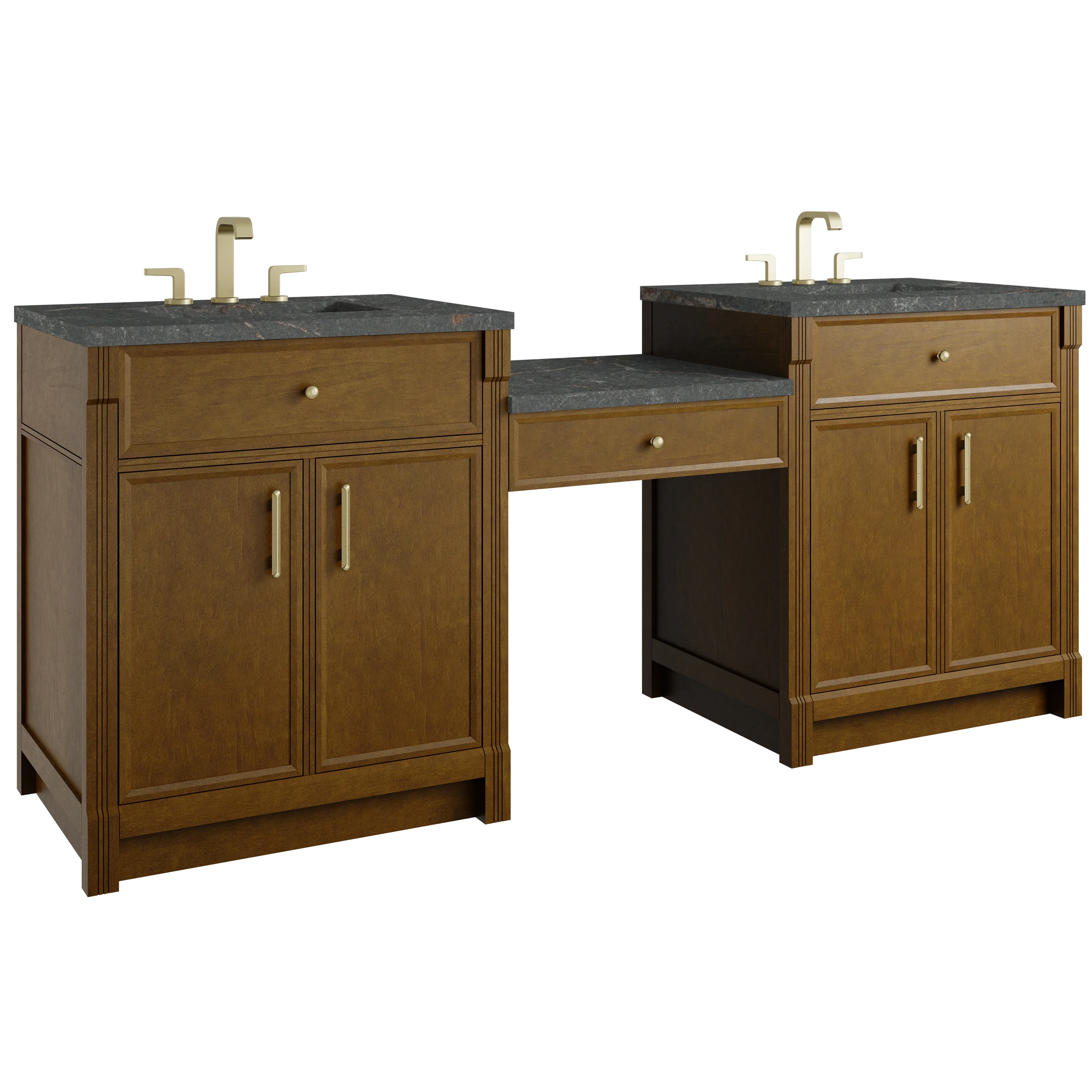 Bellshire 84" Dual Vanity Set with 24" Make-Up Counter, Honey Oak w/3 cm Parisien Bleu Silestone Top