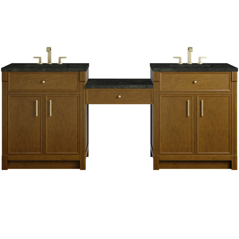 Bellshire 84" Dual Vanity Set with 24" Make-Up Counter, Honey Oak w/3 cm Phantome Eclos Top
