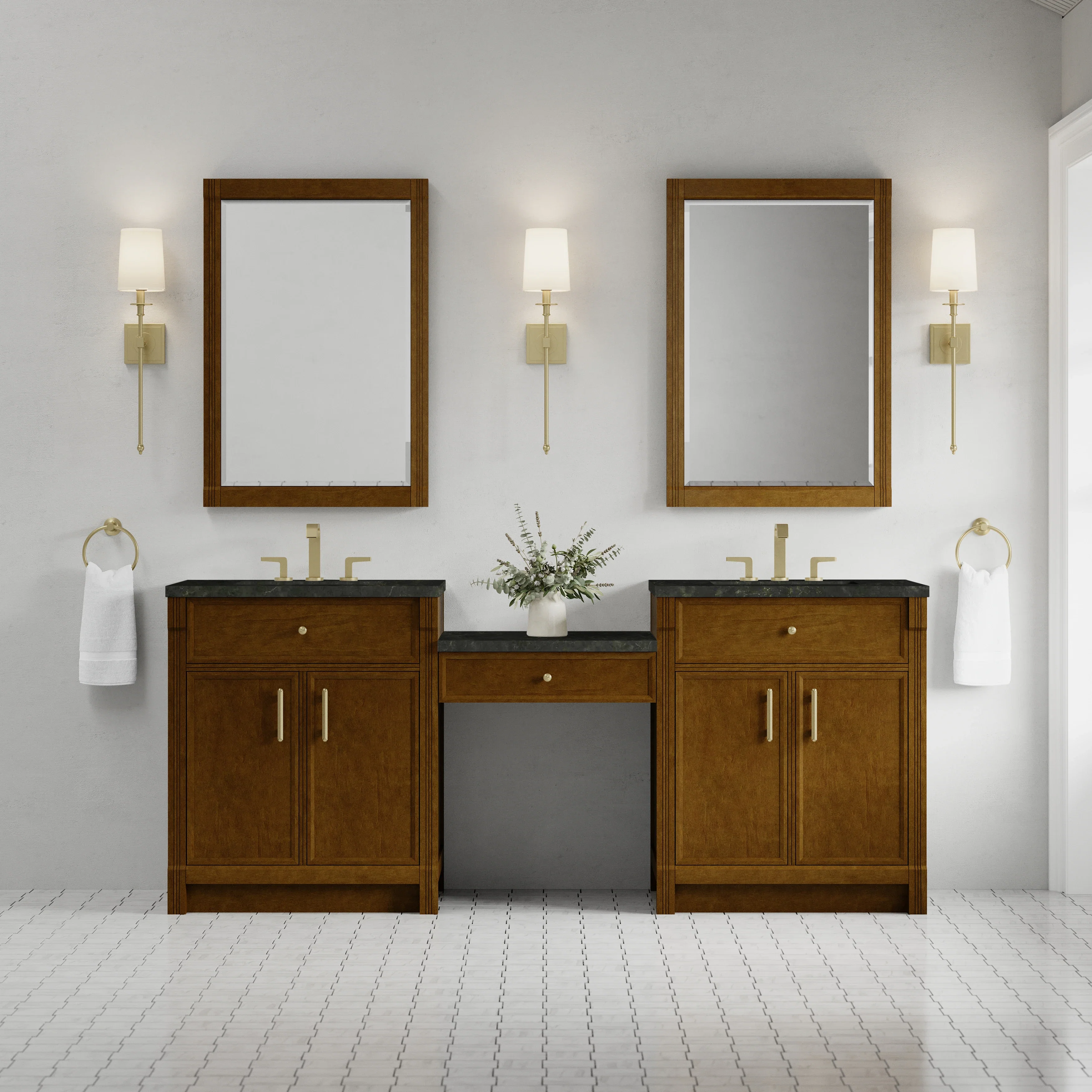 Bellshire 84" Dual Vanity Set with 24" Make-Up Counter, Honey Oak w/3 cm Phantome Eclos Top