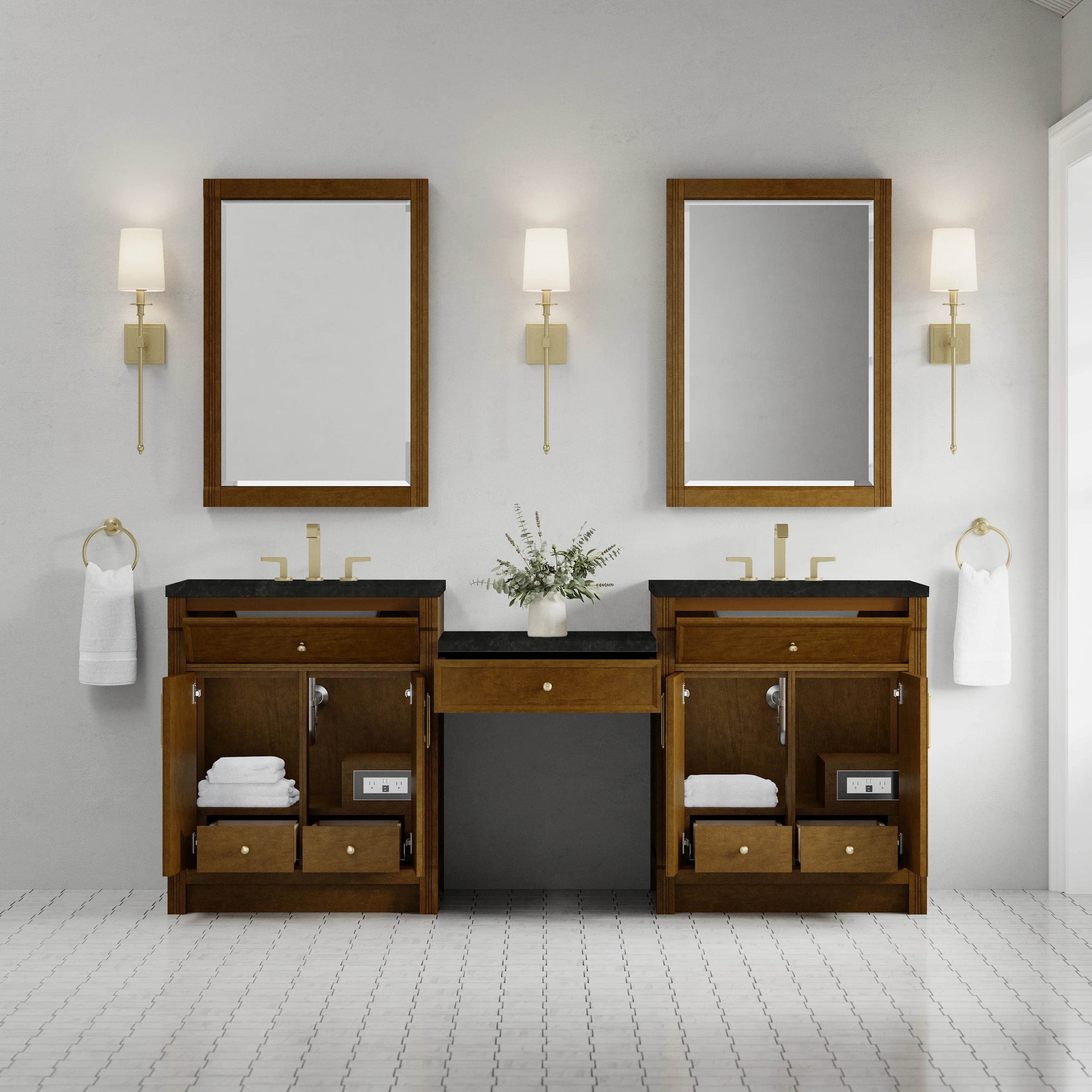 Bellshire 84" Dual Vanity Set with 24" Make-Up Counter, Honey Oak w/3 cm Phantome Eclos Top