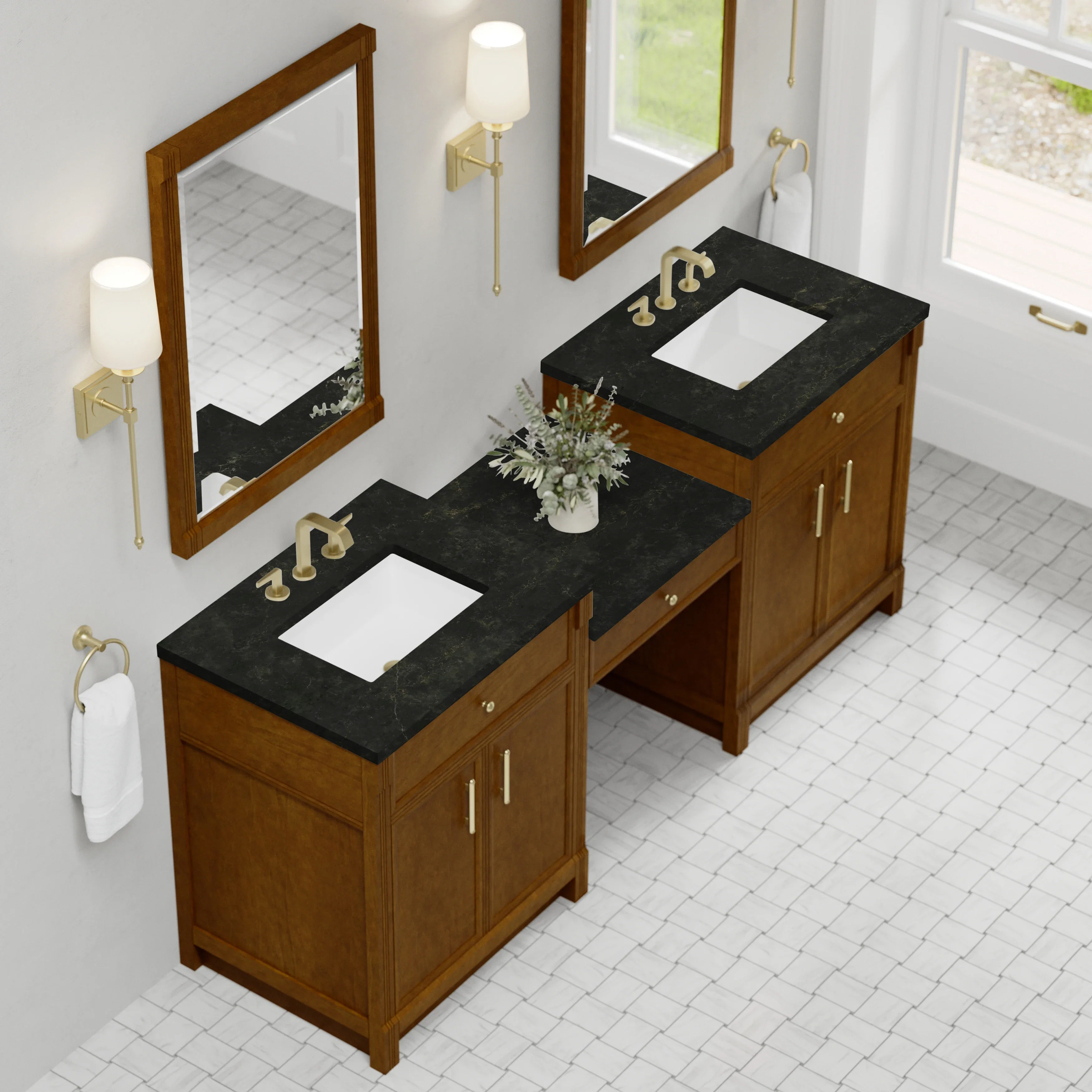 Bellshire 84" Dual Vanity Set with 24" Make-Up Counter, Honey Oak w/3 cm Phantome Eclos Top