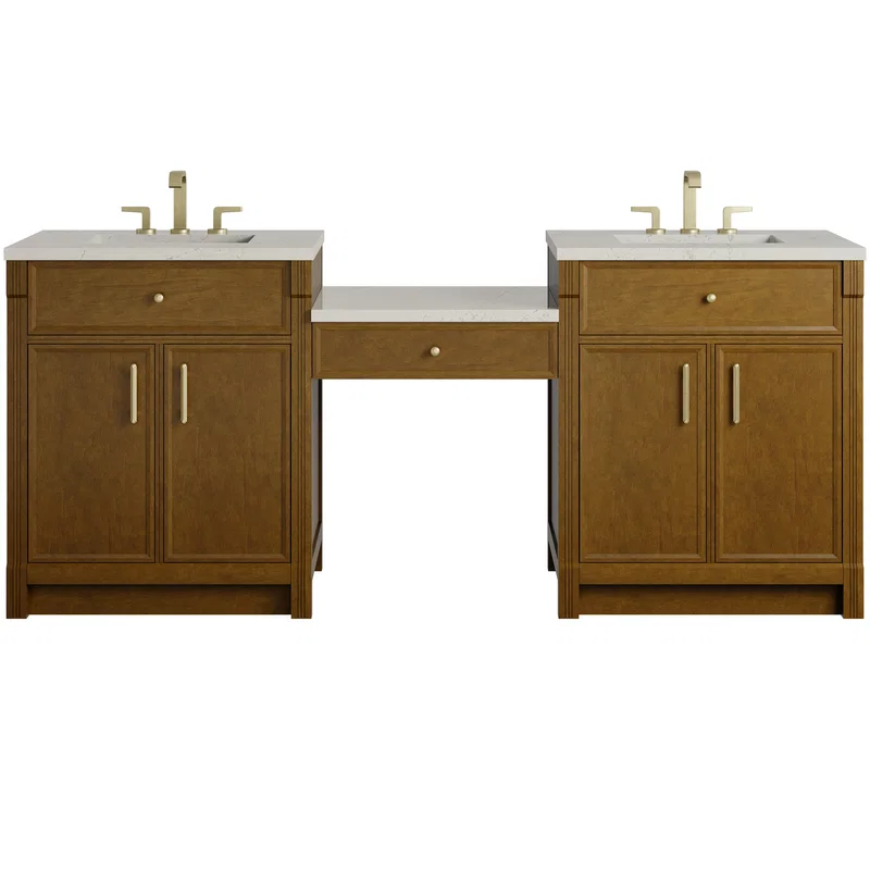 Bellshire 84" Dual Vanity Set with 24" Make-Up Counter, Honey Oak w/3 cm Siberian Silestone Top