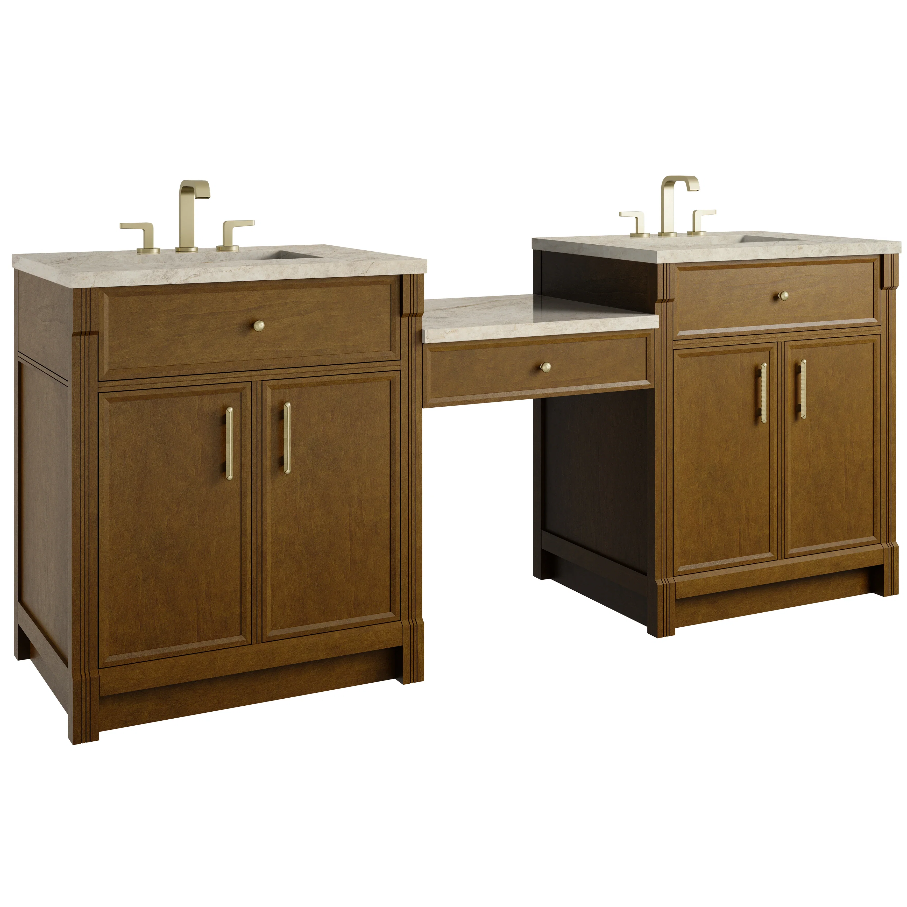 Bellshire 84" Dual Vanity Set with 24" Make-Up Counter, Honey Oak w/3 cm Tajnar Eclos Top